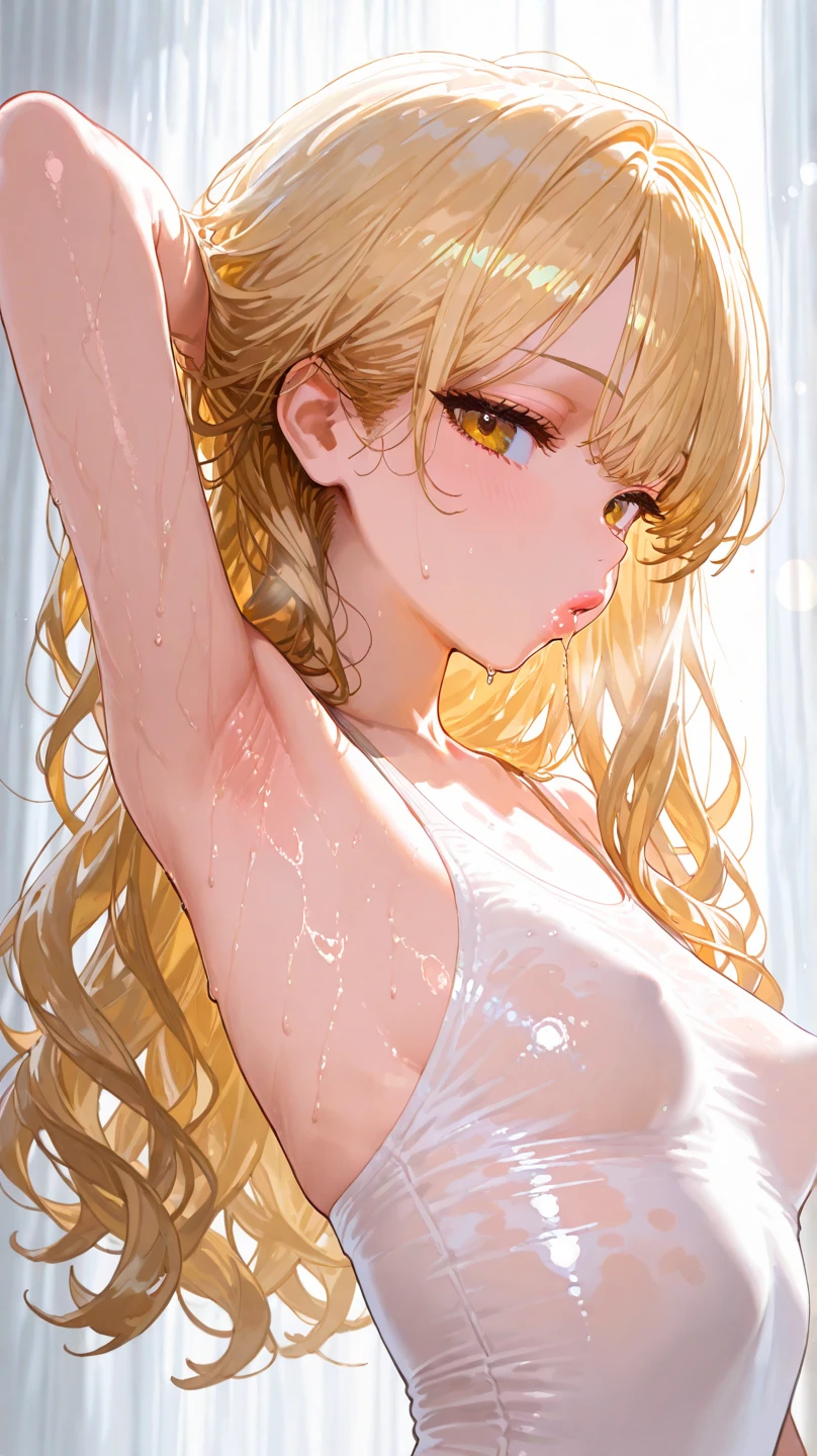 masterpiece, Top quality NSFW, 1 mature female,Frontal shot of a woman, Looking at Viewer, kawaii faces, medium breasts, Yellow eyes, care,real face,Gentle,Behind Wallenstein, Yellow hair, Long hair, Beautiful detailed eyes,detailed armpit, (embarrassed:0.3),red blush,with arms up,Put your hands on your head,Armpit, full of sweat,(Close-up on the face:1.2), Black Camisole Dress,office backdrop, ((mistress, Authority)),Anatomically accurate drawing,Biologically accurate drawing, (((cum on face))), ((laying on bed))