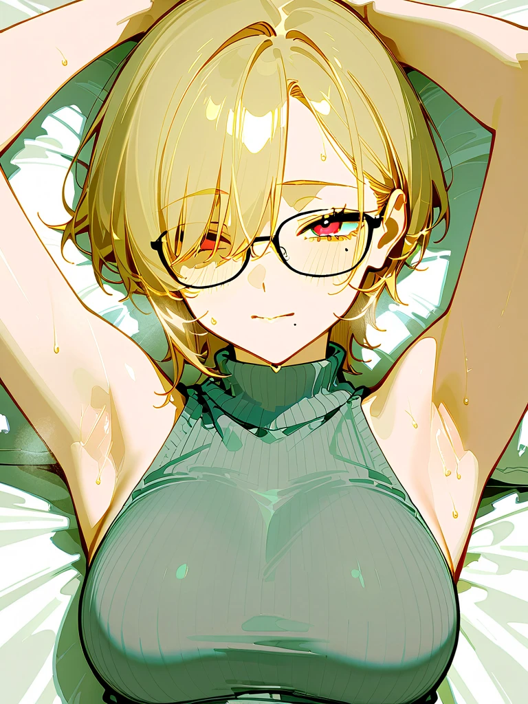 Girl, short curly blonde hair, round glasses, red nose, light green short-sleeved T-shirt, blue shorts, exposed stomach, long nose, big breasts, sleeping