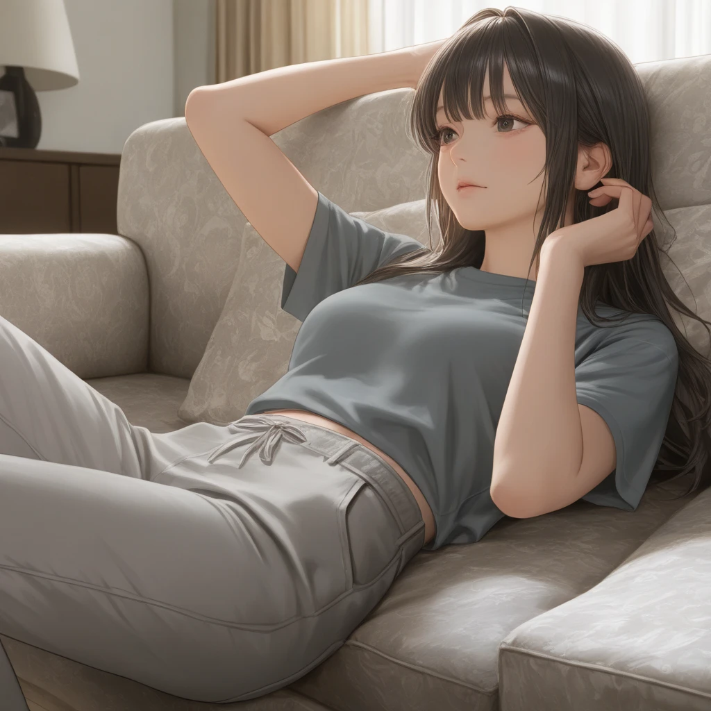 A 45-year-old middle-aged woman lies on the sofa in the living room with her legs spread and raised，Close your eyes and open your mouth。