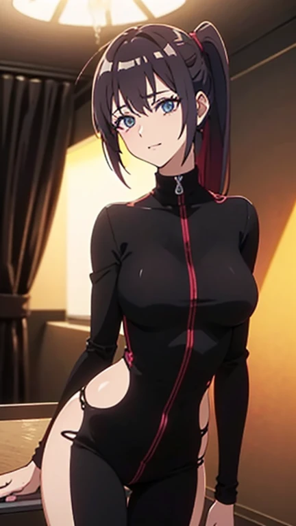 professional artwork, Intricate Details, sharp focus, detailed painting, photorealistic lighting, trending on pixiv, Standing at attention, ((black outfit ,yellow collared shirt,black and red bodysuit,skin_tight,black legwear, black pantyhose, Side_boob)), (((fully suited:1.5))) black hair,very long hair, Bangs,yellow eyes,makeup, lipstick, 40yo,mature female,Beautiful Finger,Beautiful long legs,Beautiful body,Beautiful Nose,Beautiful character design, perfect eyes detail, perfect face, looking at viewer,official art,extremely detailed CG unity 8k wallpaper, perfect lighting,Colorful, Bright_Front_face_Lighting, (masterpiece:1.0),(best_quality:1.0), ultra high res,ultra-detailed, photography, 8K, HDR, highres, absurdres:1.2, Kodak portra 400, film grain, blurry background, bokeh:1.2, lens flare, (vibrant_color:1.2) (Beautiful,large_Breasts:1.4), (beautiful_face:1.5),(narrow_waist), (solo:1.4), ((hands on breasts:1.4, upper body, half body shot)), annerose:1, (super blushing, super shy, tsundere:1),