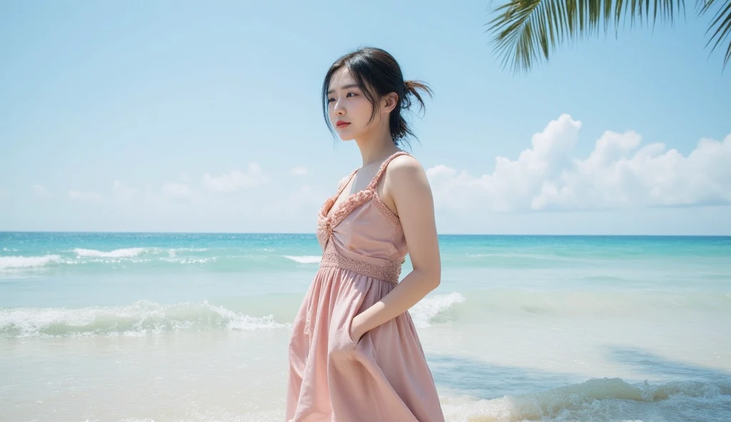 There is a woman in a pink dress standing in the water, in the sea, in the sea, Take a photo with the sea on the beach, Wear clothes made of water, in a sea, looking out at a pink ocean, in the ocean, Wearing a pink floral shawl, on the ocean water, Real photography of the Queen of the Ocean, wearing pink dress
