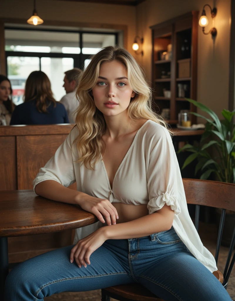 A 25-year-old Brazilian woman with blonde, curly hair stands out in a bust-up image. She is in a modern café, wearing stylish casual clothes—a white blouse and a pair of high-waisted jeans. The café features contemporary decor, including wooden tables, cozy chairs, and a display of pastries and coffee machines. Large windows let in plenty of natural light, illuminating the room. The background shows other patrons enjoying their coffee, engaged in conversations, and working on laptops. She is standing confidently with a cup of coffee in hand, her hair loose and flowing around her shoulders. Despite the bustling café environment, she appears relaxed and content, her expression warm and inviting. The scene captures her charm and the vibrant atmosphere of the café.