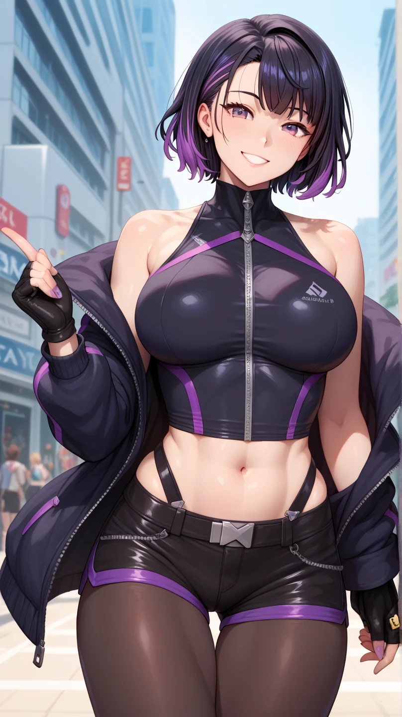 1girl, purple hair, short hair, blunt bangs, black top, long pants, big breasts, parted lips