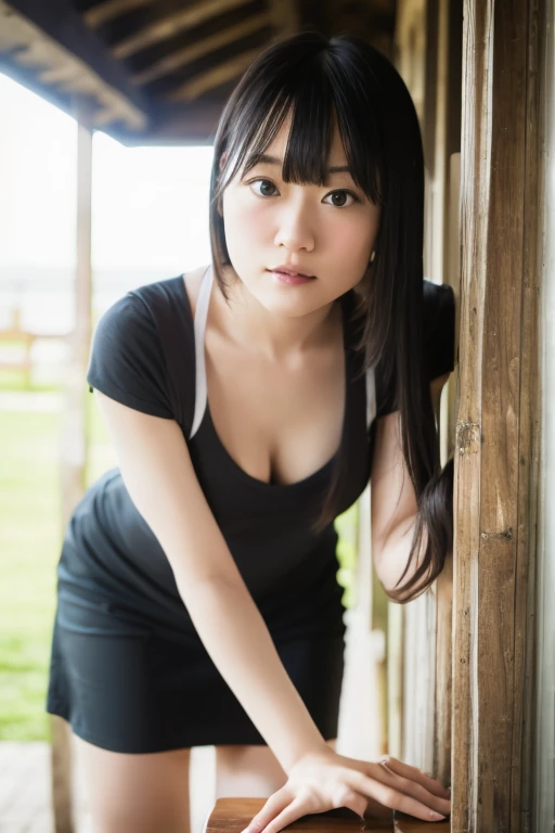 ((highest quality)), ((masterpiece)), 18 year old real Japanese beautiful girl idol high school student、beautiful thighs、beautiful little cleavage、Mini skirt 40cm above the knee、Cornered against a wall in the ruins、the skirt is cut、The shirt is torn、My whole body is wet from the heavy rain、hands tied behind head、beautiful armpits、attempted rape、Escape、front horizontal angle
