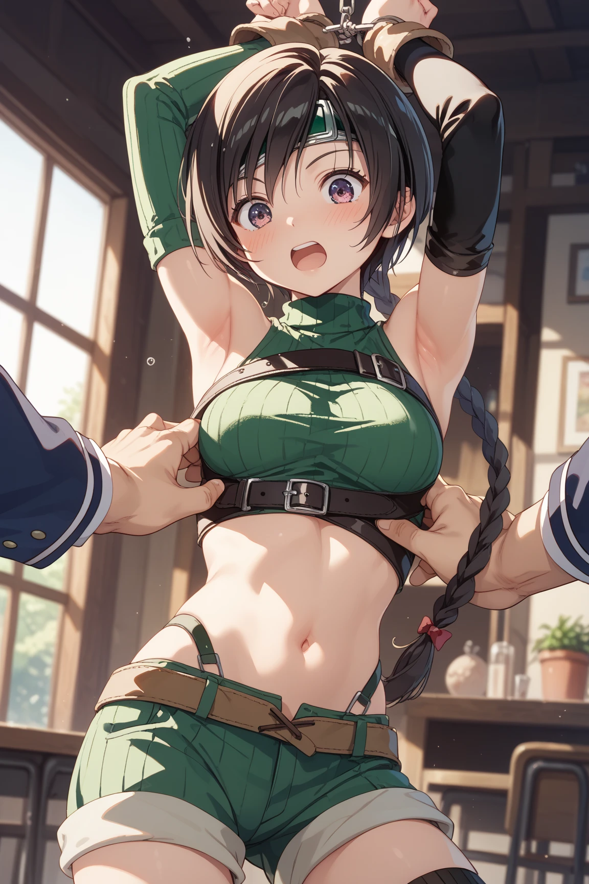 masterpiece, Highest quality, Yuffie Fool, head band, Green crop top, Shoulder Armor, Arm guard, Fingerless gloves, Tan shorts,Famous,Browsing Caution,rape,Excessive ,3 Penis,Bukkake,cry,Nipples visible through clothing,Vulgarity,Semen dump,facial,Semen in hair,Semen on clothes,armpit,Blowjob,Underground Prison,tears,
