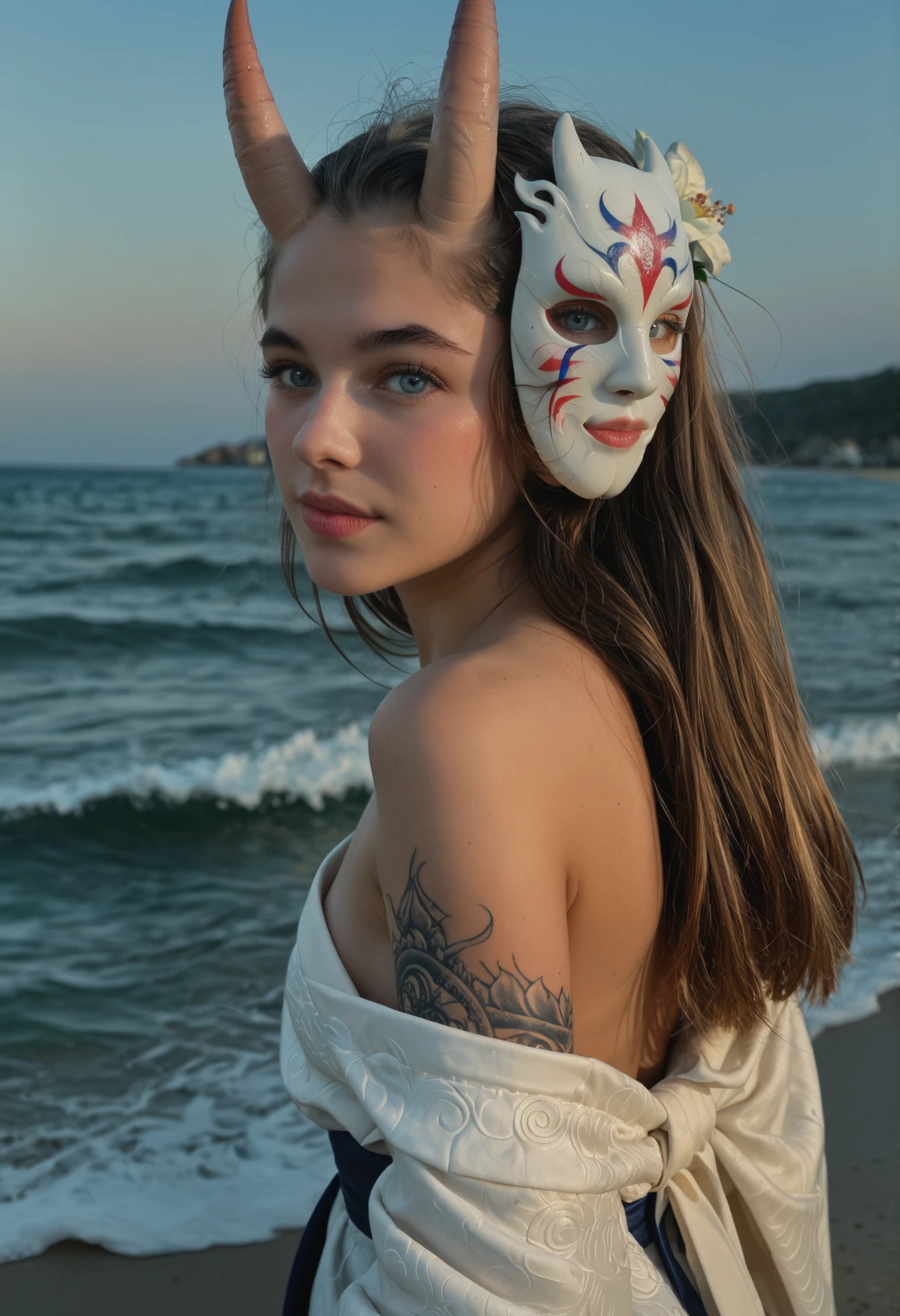 ,masterpiece, best quality, very detailed, score_9, score_8_up, score_7_up, score_6_up, natural white hair color, hair ornament (flower, blue, hair jewelry, pearl, and blue stone), solo, 18 years old, ( solo), outdoor, very , female, bright blue cat eyes, (fluffy cheeks: 0.4), (white lace dress), cute, cel-shading, fca style, beach, night, starry sky, wave, sea, (darkness: 1.5), backlight, (side view: 1.3), (upper body photo), looking back, looking at viewer, face turned 3/4 forward ,
fit body, dragon tattoos, oni horns, (short kimono, oni mask sideways on head, samurai sword), long eyelashes, long hair, small , , cleavage, blushing, beauty, (dragon in background), no panties,