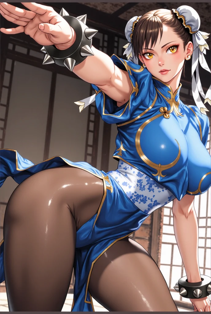 (top-quality:1.5)、(16k wallpaper:1.2)、(Photorealsitic:1.2)、(ultra-detailliert:1.2)、(超A high resolution:1.2)、super-detaild skin、Detailed and clean eyes、Tsuriformes、Beautiful eyeshadow、in a street、(A man and a woman are fighting face to face:1.2)、Beautiful cityscape、(kick:1.3)、Chun-Li's Costume、Japan 18-year-old woman、Natural Color Lip、large full breasts、Cute smile、Brown stockings、white boots