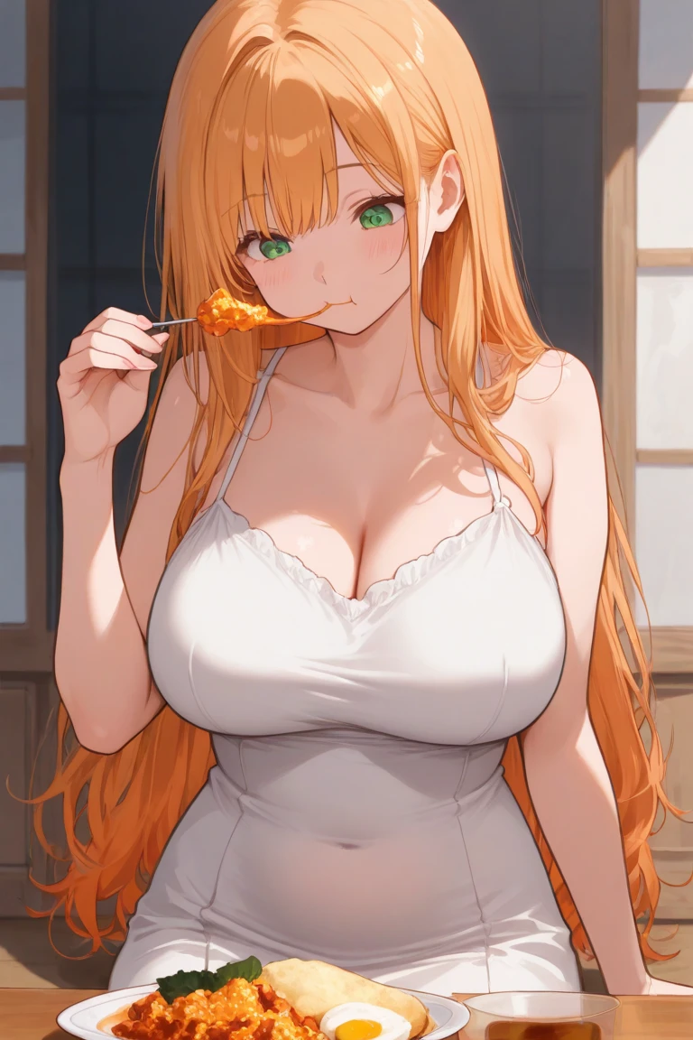 1woman,super beautiful,,Sitting in the living room, looking away,Holding a bowl of vegetables, Pouting lips,half body photo,Focus on face,Beautiful eyes, very detailed face, HD face, perfect face,black t-shirt,black mini skirt,Very big breasts,Blonde hair,long hair,wavy hair,bangs,blue eyes,ultra detail,ultra Hd, masterpiece,4k