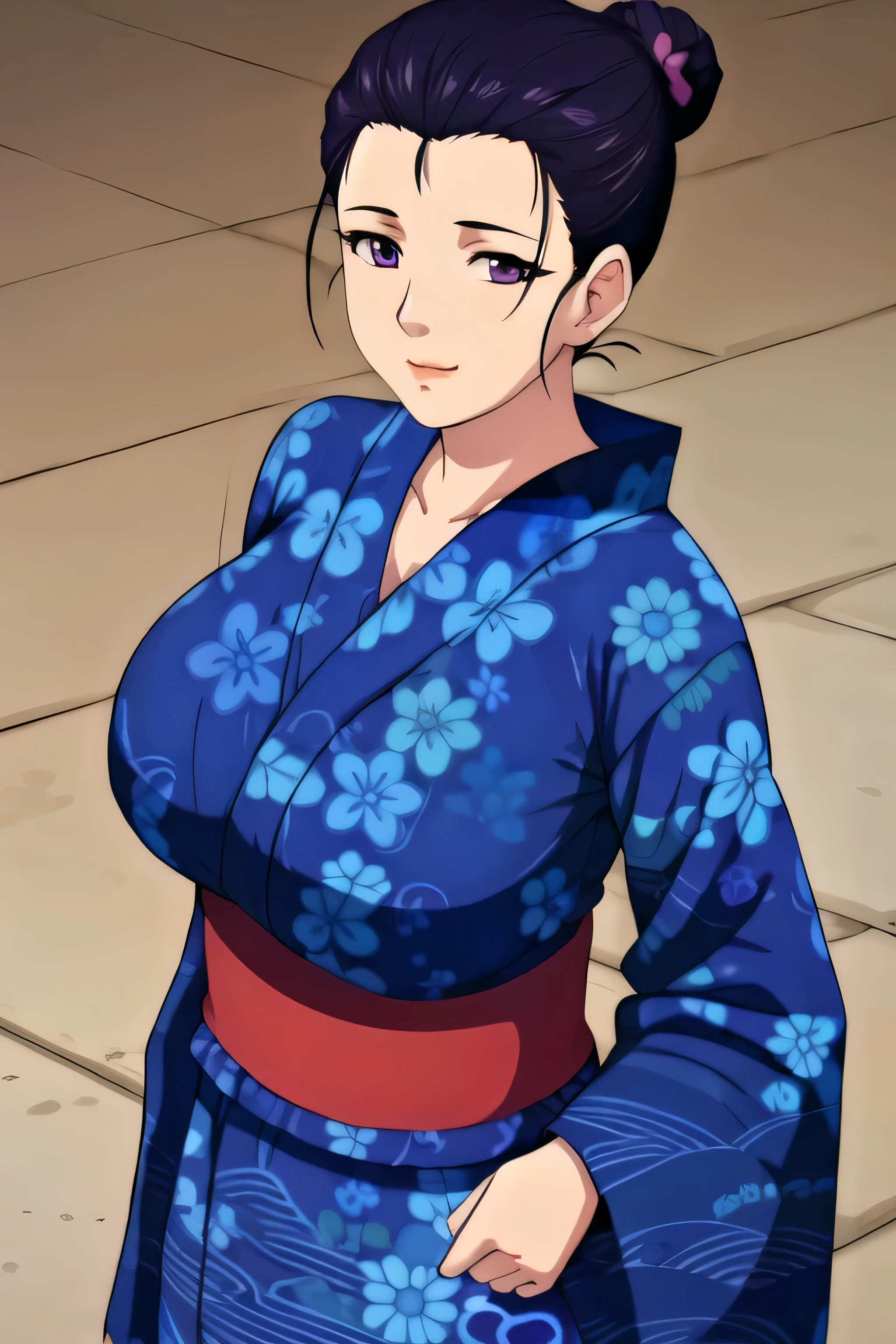 Simple Backgrounds,nightblue dress,
blue kimono,floral print,japanese clothes,wide sleeves,long sleeves,big breast,big ,curve body
cleavage,
purple eyes, black hair,bangs,hair bun,
1 girl, 20yo,Young female,Beautiful long legs,Beautiful body,
Beautiful Nose,Beautiful character design, perfect eyes, perfect face,expressive eyes,perfect balance,
looking at viewer,(Focus on her face),closed mouth, (innocent_big_eyes:1.0),(Light_Smile:0.3),
official art,extremely detailed CG unity 8k wallpaper, perfect lighting,Colorful, Bright_Front_face_Lighting,White skin,
(masterpiece:1.0),(best_quality:1.0), ultra high res,4K,ultra-detailed,
photography, 8K, HDR, highres, absurdres:1.2, Kodak portra 400, film grain, blurry background, bokeh:1.2, lens flare, (vibrant_color:1.2),professional photograph,
(Beautiful,large_Breasts:1.4), (beautiful_face:1.5),(narrow_waist),
