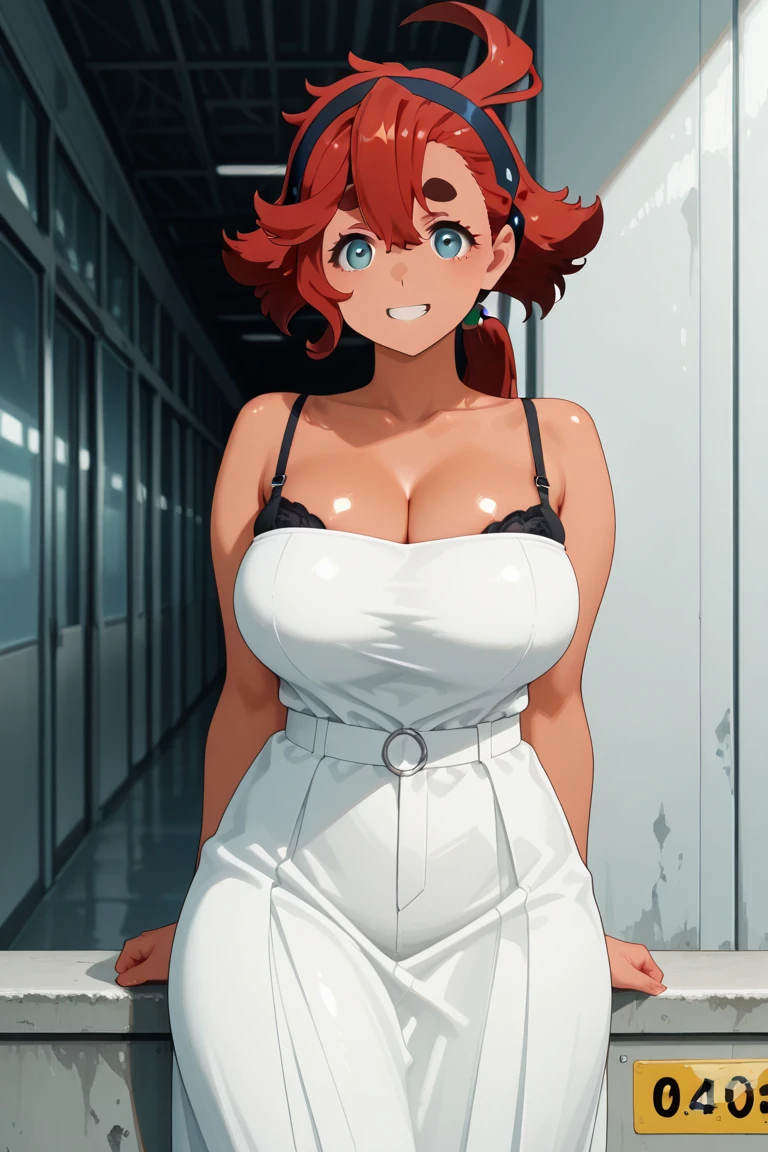 Nishikino maki, Purple eyes,red hair, curvy body, big breasts,sad,((short bodycon dress)), strapless , sleeveless, bare shoulders, cleavage ,gloves, police cap, blushing,humiliated, defeated, looking at viewer, in prison, embarrassed,(cum on face:1.3), cum on breasts,cum on clothes 