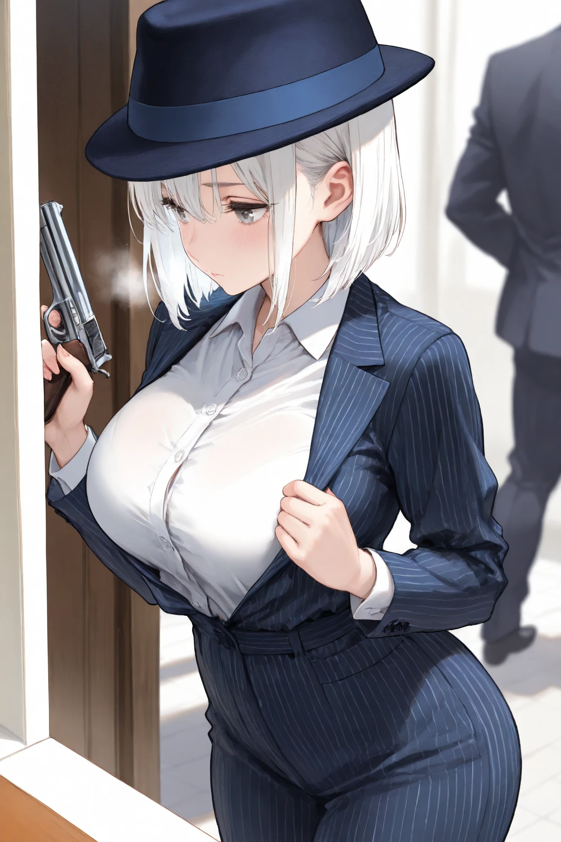 One girl,  Alisa Mikhailovna Kujo,Tomorrow, my friend, Arya-san, will be visiting Russia.,alone, Long Hair, Eyebrows visible through hair, Hair between the eyes, Silver Hair, Hair Ribbon, blue eyes, Medium chest, ,Full body black bodysuit,spy、See a viewer holding a gun, Upper Body, Dutch Angle,Mouth closed, Close one eye, A light smile,
Highest quality, so beautiful, Absurd,at night