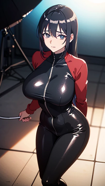 ((table top, highest quality, High resolution, nffsw, perfect pixel, 4k, nffsw, nffsw、Anime Screen Capture、Red Gauntlet))), 1 girl, single, alone, Beautiful woman、I could see the whole body、 ((middle wave hair, dull bangs, Braid black hair)), ((Red and shattered eyes, beautiful eyelashes, realistic eyes)), ((detailed face, blush:1.2)), ((smooth texture:0.75, realistic texture:0.65, realistic:1.1, Anime CG style)), ((muscular、huge breasts,wide ass、wide hips、thick thighs、both armpits))、(((Black and white sci-fi suit、Red back of hand))), perfect body, In town、((Very embarrassed、Sweat))、
