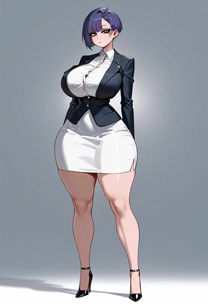 pale woman, short pixie cut purple hair, some hair on the back of her head, big earring, half lidded eyes, looking straight ahead, black eyeshadow, very massive huge breasts, very busty, small waist, wearing a very skin-tight white button up, tight black blazer, expressionless, wide hips, thick thighs, large thighs,long black pencil skirt, thick legs, wearing black high heels full body shown, standing, roommate