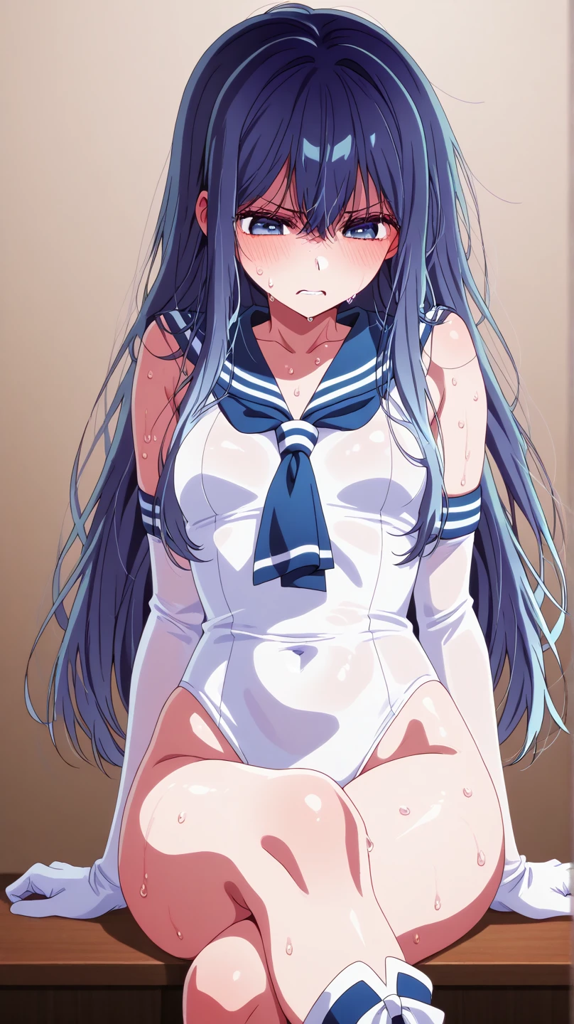 1girl, blue hair,long hair,leotard, highleg leotard, sailor suhumizu, school swimsuit, shiny swimsuit, shiny skin,
