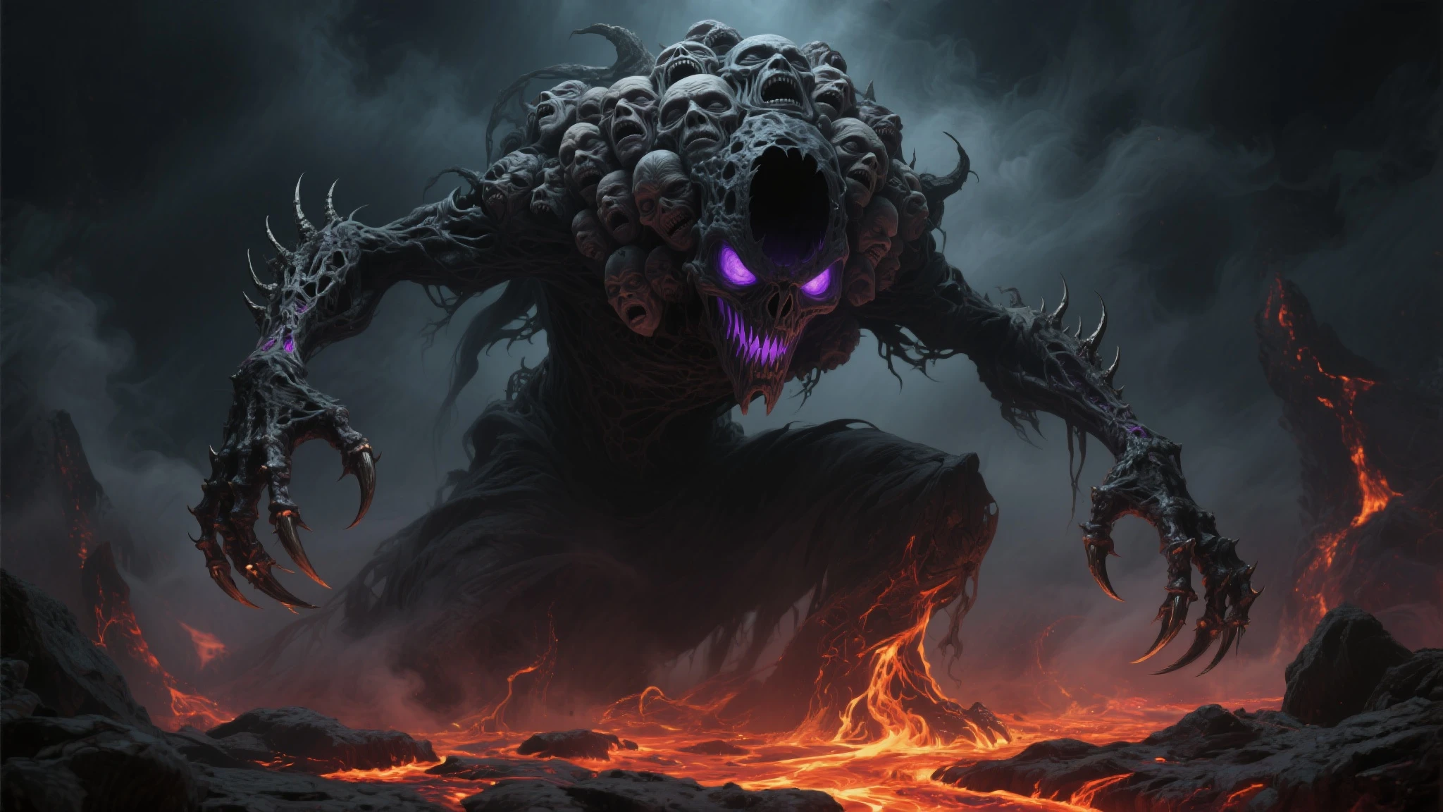 demonic woman with glowing eyes and a demon face surrounded by skulls, an ominous fantasy illustration, evil godess, style of jeff soto, mouth of hell, by Chris Rahn, in style of dark fantasy art, shamanic dmt horror art, inspired by Aleksi Briclot, fantasy horror art, horror fantasy art, horror surreal art, nightmarish illustration