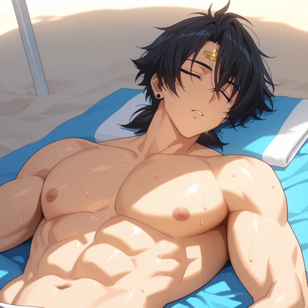 dark skin, short haired, Wearing a badly torn loincloth、Lying on a bed of fallen leaves in a hut in a jungle village、A slender macho tribal boy wet with a large amount of cloudy liquid., barbarian, Pink tattoo on the lower abdomen