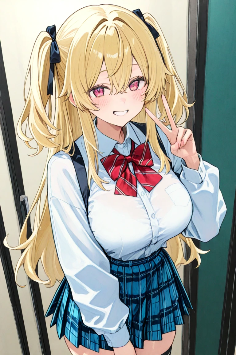 1girl,blonde hair, blue eyes, twintail,s detailed eyes, tight shirt, school uniforms,miniskirt,school hallway,lrge breasts, sagging breasts,(makeup:1.1),lipstick,center open,midriff ,smirk,groin,Condom belt, dynamic pose