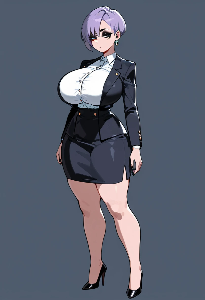 1girl, solo, secretary, short black hair, forehead exposed , tight black blazer, black pencil skirt, large breasts, thick thighs, large thighs, wide hips, massive thighs, thick legs, black slip on flats on her feet, full body shown, best quality, masterpiece, white background, black eye sockets, hollowed out eye sockets, creepy, no eyes, wide open black mouth, short height