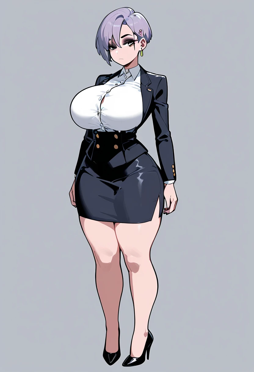 pale woman, short pixie cut purple hair, some hair on the back of her head, big earring, half lidded eyes, looking straight ahead, black eyeshadow, very massive huge breasts, very busty, small waist, wearing a very skin-tight white button up, tight black blazer, expressionless, wide hips, thick thighs, large thighs, long black pencil skirt, thick legs, wearing flats shoes, black footwear, slip on flats,  full body shown, standing, roommate