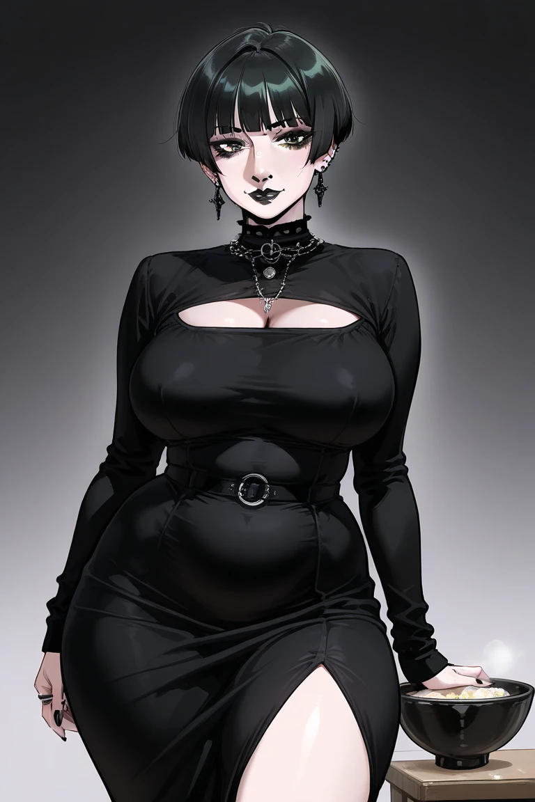 (Obra de arte:1.2, melhor qualidade), (imagem real, detalhes intrincados), (1 senhora, Sozinho, curvy upper body, Grande ) The clothes are golden:vanguarda,vanguarda,Try it on the look:cachos,dramatic makeup,Unconventional fashion choice behavior:rebeldia、non-conformist、Place of provocation:demon eyes,distrito de arte urbana、Locais de música underground Hobbies:Participation in punk shows、Creating mixed media art、Experimente diferentes valores subculturais:individualidade、Realmente、Creative expression of inspiration:Gothic rock、counterculture icons,Character traits of the avant-garde art movement:ousadia、ousadia、agir fora da caixa。gothic dark vibe'