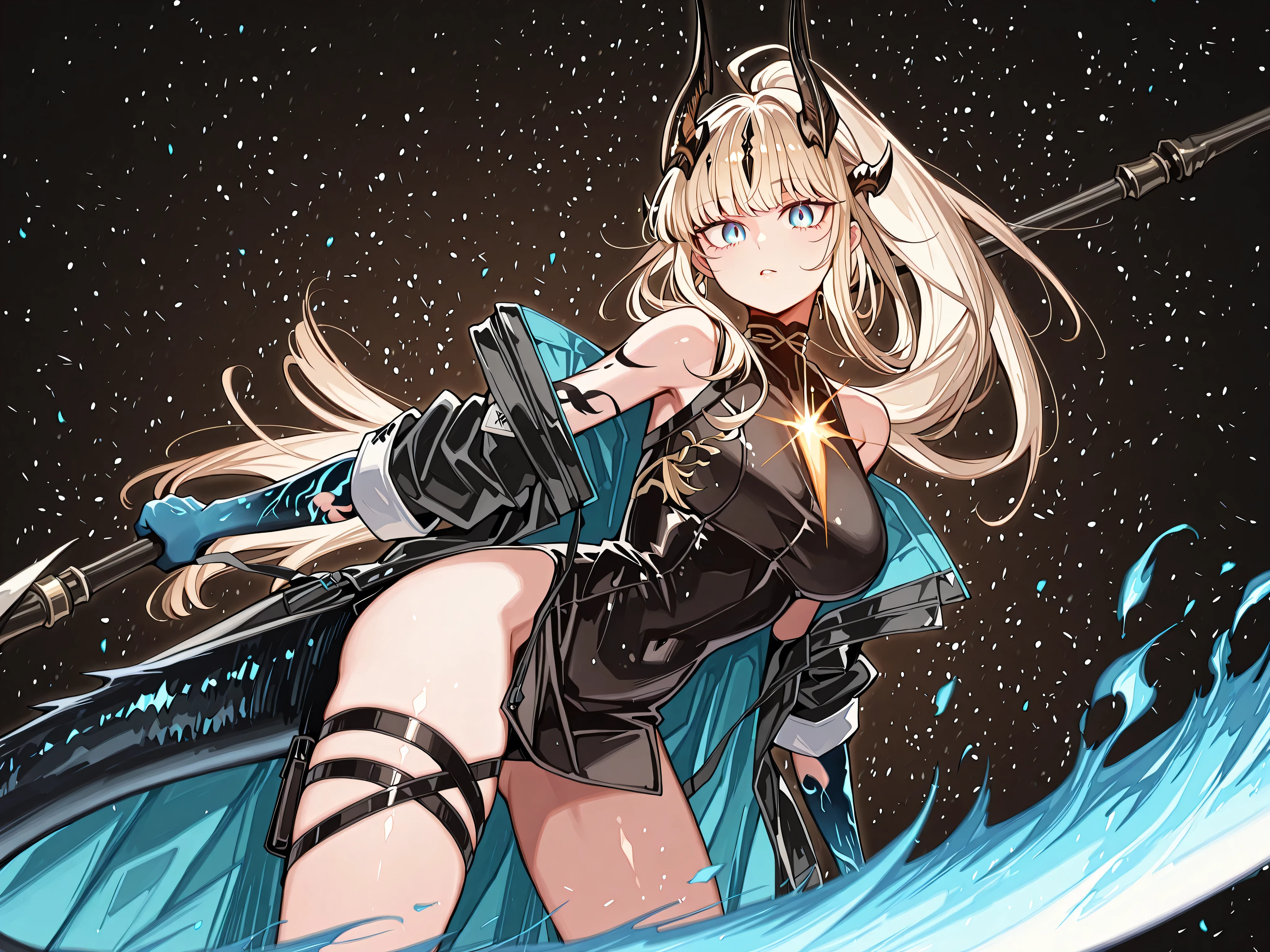 alone, 1 girl, bright blonde hair, hairstyle like Lily from "Lilith's Cord" tied in a long ponytail, bangs all over her face like Lily from Lilith's Cord, bright blue eyes, face like Lily from "Lilith's Cord", bright eyes, perfect anatomy, student, young character, short character, character 1.50 meters tall;
blue hands and arms, blue feet and legs, hands with claws, feet with claws, dragon tail, black tail, blue flame on the tip of the tail, Reed The Flame Shadow's horns (arknights Reed The Flame Shadow), long black horns, blue hands and arms, blue markings on the body, blue feet and legs, claws on the hands and feet, blue arms, blue markings on the arms, shoulders and thighs;
Reed's black coat from "arknights", long black sexy Chinese dress with gold details, coat falling down her arms, arms and shoulders exposed, facing the viewer, face to face, black background, sexy pose, big butt, big breasts;
sexy pose, Looking at the Viewer, face to face, confidence, cute expression, Lily's design from "Lilith's Cord", holding a gigantic scythe, the handle of the war scythe must be very long, the blade of the scythe must be gigantic, completely black scythe with a rough and rustic appearance, Attacking position, striking with the gigantic scythe with an immense blade, scythe in evidence;
Pay attention to the necessary colors, maximum resolution, height and body of Terakomari Gandesblood from "The Vexations of a Closeted Vampire Princess", young character, short character, character 1.50 meters such;