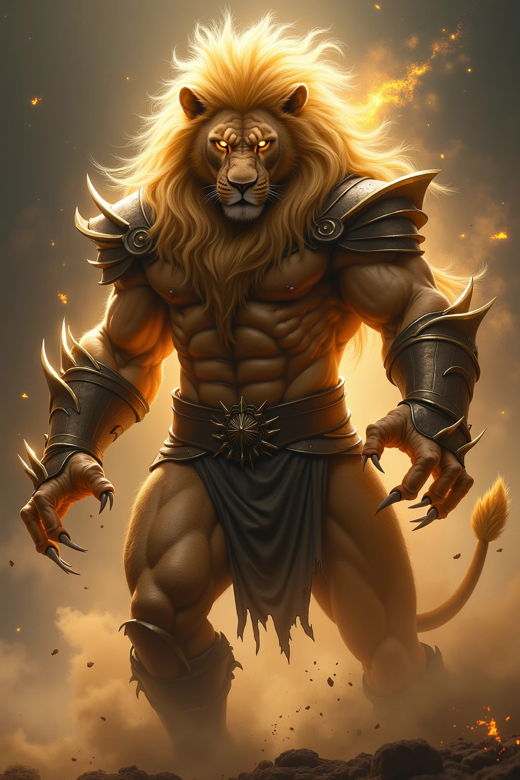 In a realm where storms and bravery collide, a magnificent scene unfolds. Against a tumultuous backdrop of darkened skies and swirling clouds, a fierce lion stands defiantly dressed in the armor of a noble knight. Its golden mane ripples like flames in the wind, and its eyes burn with unwavering determination.
The lion knight wields a massive, intricately detailed sword forged with lightning-like patterns etched into the blade. Rain and gusts of wind lash around the knight, adding to the intensity of the battle. The lion's armor gleams in the intermittent lightning strikes, reflecting the chaotic beauty of the storm.
With a mighty roar that resonates like thunder, the lion knight charges forward, its powerful muscles propelling it towards a monstrous adversary. The adversary, shrouded in darkness, is part of the storm itself—a creature of swirling mist and malevolent energy.
Bolts of lightning illuminate the clash between the lion knight and the storm creature, freezing the moment in an awe-inspiring display of strength and valor. Raindrops and sparks of magic dance in the air, creating an otherworldly aura around the combatants.
In this surreal and breathtaking artwork, the lion knight's courageous spirit shines through as it battles against the very forces of nature. The stormy battlefield becomes a testament to its unyielding resolve and indomitable will.
Feel free to adjust or expand upon this description to suit your vision. You can provide this description to an artist, and they can use it as a prompt to create the stunning 8K wallpaper you're envisioning.