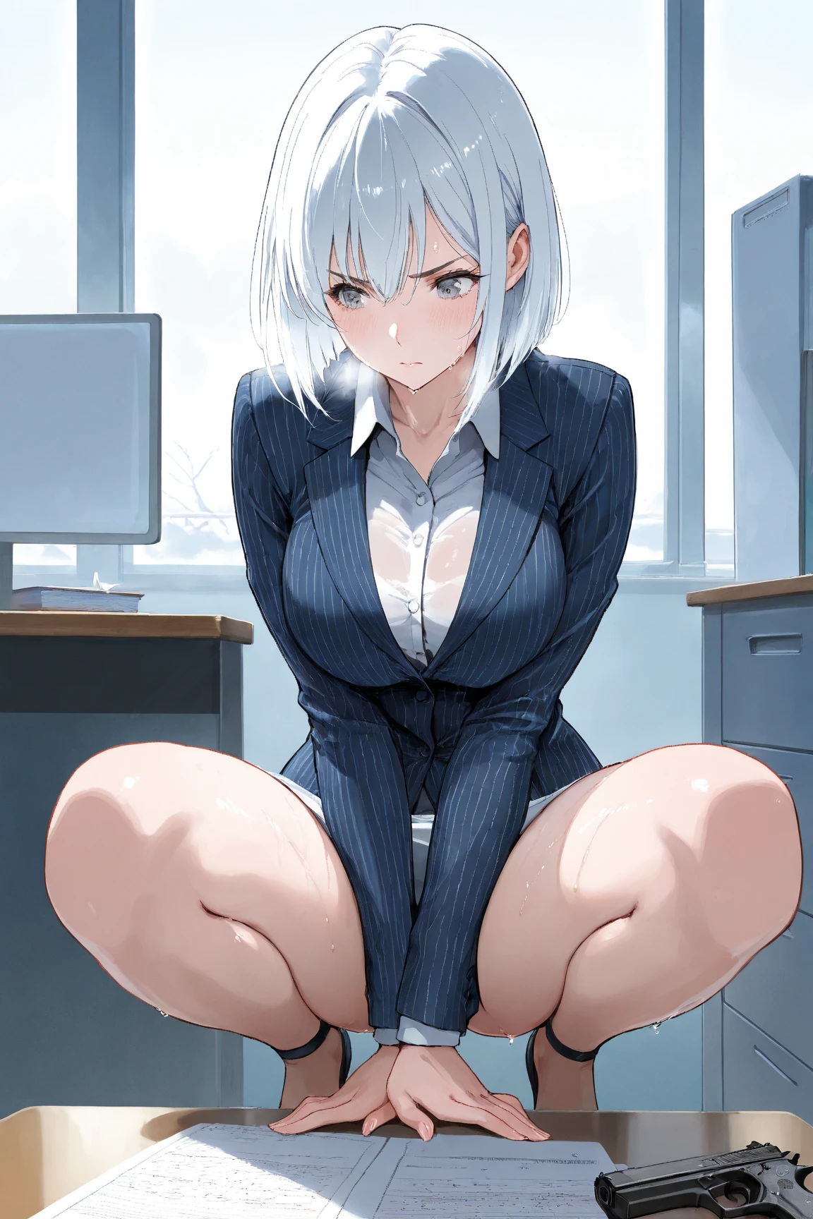 ponytail、Silver Hair、Nipples、tits、Office Lady、garter belt、Inserting a dildo into pussy、Open your legs while crouching、Perfect body、Semen overflows from pussy、Surrounded by a lot of men、Brown Skin