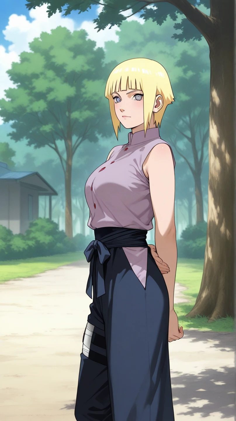 1 girl, alone , 19 years ,short blonde hair , tied hair, hair slicked back ,on forehead ,green eyes , beautiful, light skin color , wide shoulders, thin waist, medium breasts, defined thighs, thin, defined lean ,wide hips, medium ass, naruto shippuden style, Leaf village, black shirt, medium white skirt, front from viewer, look at viewer, smile, shinobi