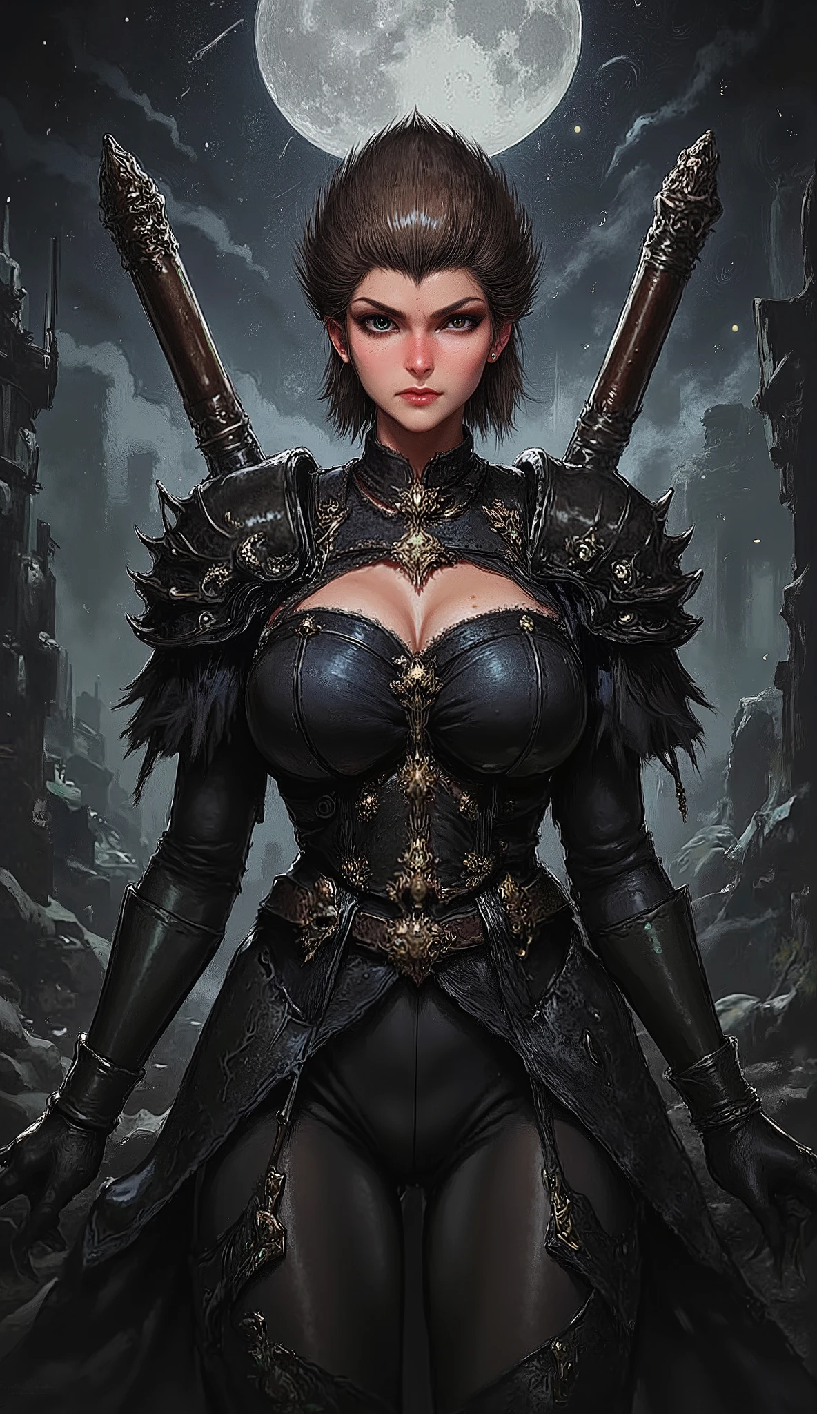 pinkdarkfantasy,
A woman with long black hair, wearing intricate black armor with emerald gemstones, holding a large, glowing green scythe, standing amidst burning ruins.