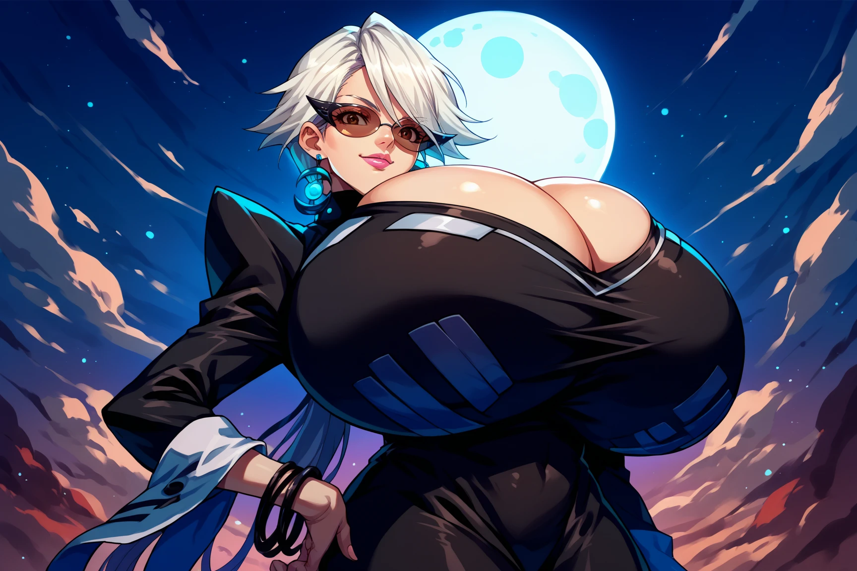 White hair , short hair, pinched eyes, (big-tits:1.5) , Thin legs, thin body, leather collar, Maid outfit victorian, dynamic pose, full body, View from below, (wide-hips:1.6), Thin waist, Very thin waist, Perfect face, delicate face, squatting