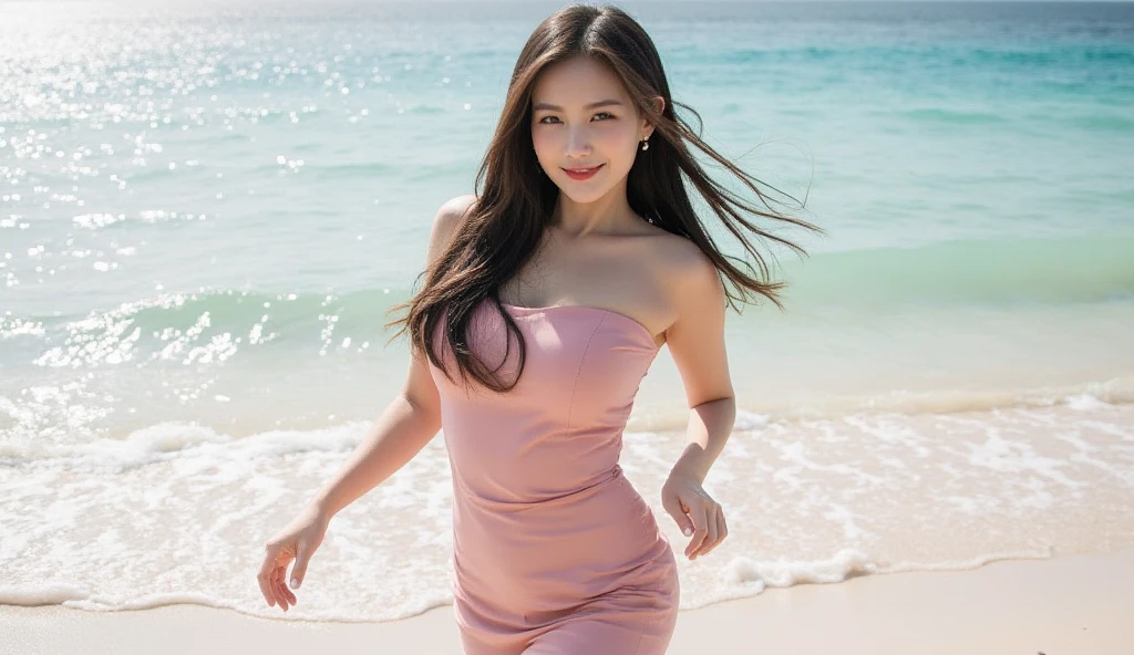 (((from the thighs up)))、(((exposed thighs)))、(Are standing)、(((camisole dress)))、((beach))、((big  ))、((open chest))、(have cleavage)、((beautiful and detailed eyes))、delicate features、(crisp double)、(8K)、(highest quality)、(High resolution)、(High resolution)、shy smile、medium hair