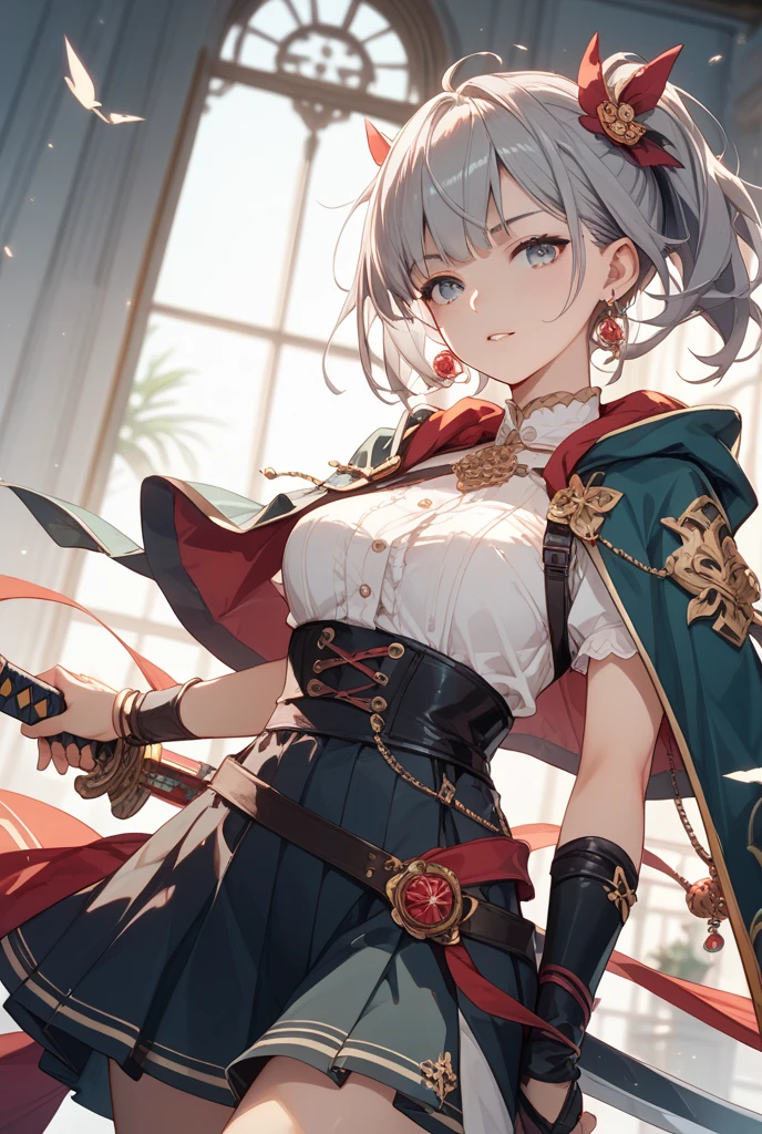 absurdres, RAW photo, extremely delicate and beautiful, masterpiece, Best Quality, ultra high resolution, 32k, hyperrealistic, ultra-detailed, detailed description, pale skin, 20 years old, delicate facial features, detailed beautiful face and eyes, tearful mole, earring, Colossal tits, short medium hair, wavy hair, full body shot, halterneck, blouse, skirt,