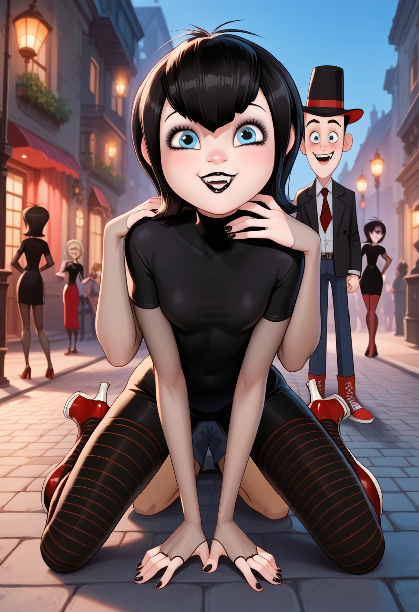 mavis, m_d, vampire, black hair, blue eyes, goth make up, kneeling, blowjob, side view, red converse shoes, on all fours, grabbing head, thighhighs, young boy