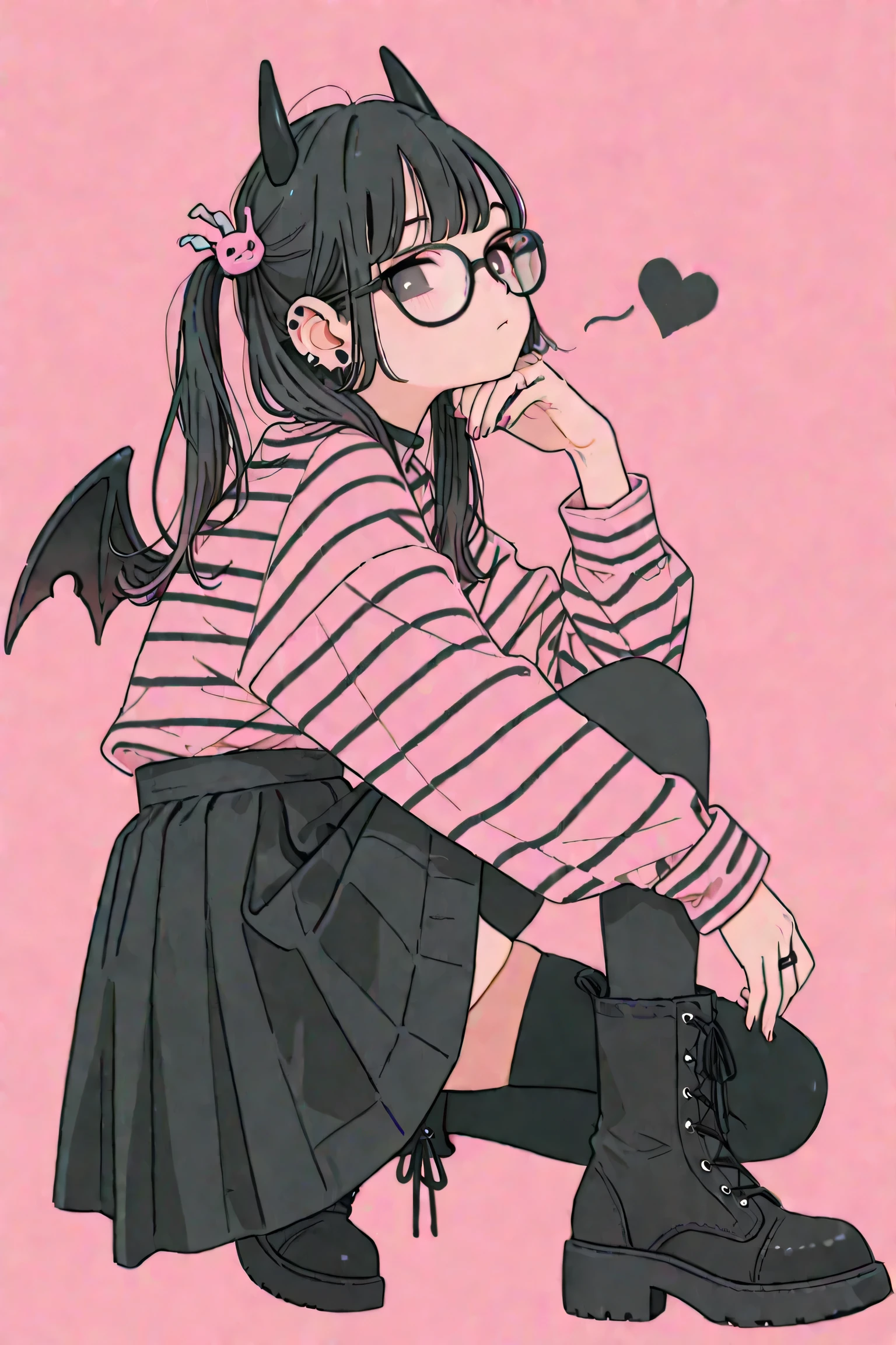 1girl, solo, horns, black_hair, wings, skirt, boots, black_footwear, ring, glasses, long_hair, jewelry, piercing, black_skirt, pink_background, striped_shirt, looking_at_viewer, ear_piercing, striped, shirt, hair_ornament, demon_wings, thighhighs, one_knee, demon_horns, twintails, long_sleeves, bangs