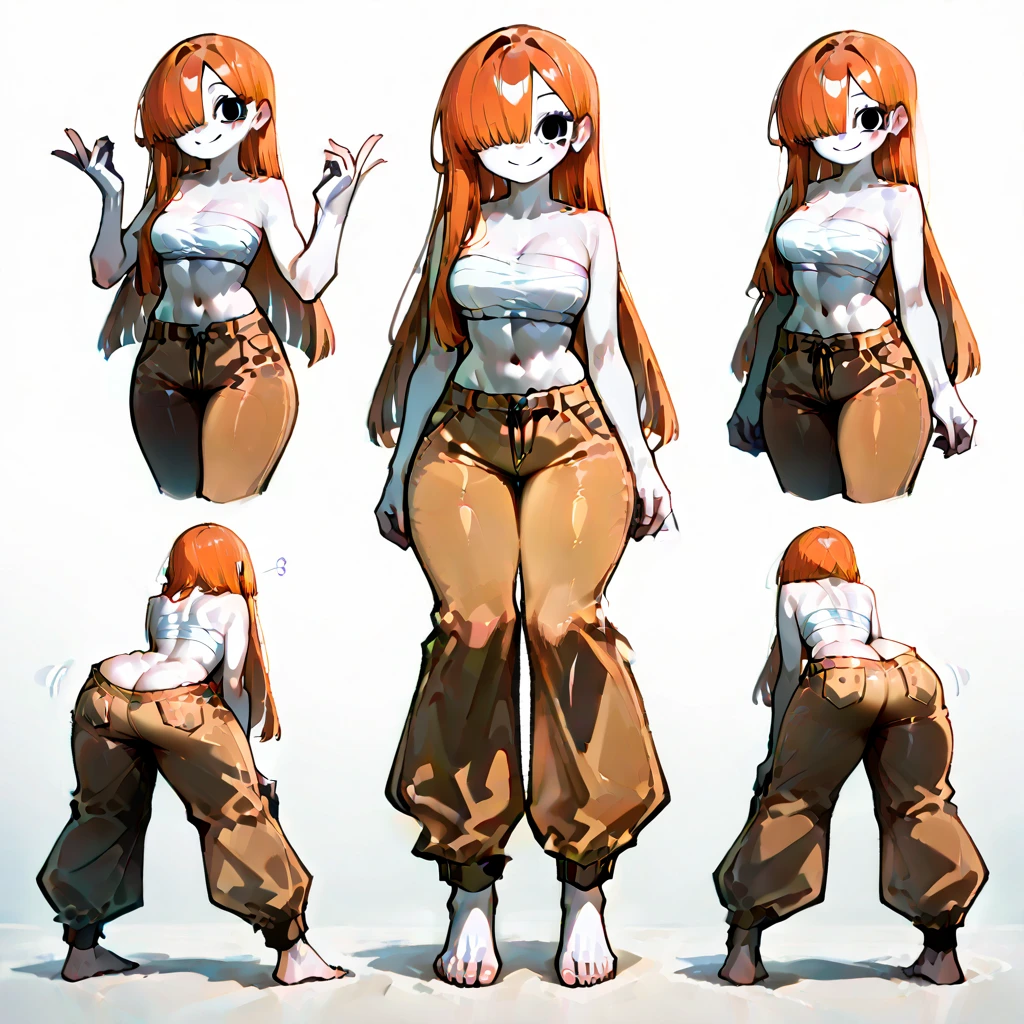((Best Quality)), ((Masterpiece)), (((detailed character sheet, frontal view, side view, three quarter view))) white background、one piece、whole body、whole bodyイラスト、whole bodyアニメーション、whole bodyリファレンスシート、denim、Tank top、High heels、Swimwear、bikini、original、New World、Long Hair、Orange Hair、Tattoo on left arm、Ring belt、Heighten your head、smile、Cute face、Narrow waist、Long legs、Beautiful feet、9 heads body、beautiful lady、small head