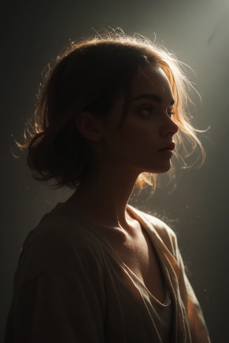analog photo,silhouette,spotlight,close up portrait,
a beautiful cute young Swiss woman,1,highly detailed face,blonde,messy bun,
seducing facial expression,wearing t-shirt,dark background,warm colors,
RAW candid cinema,16mm,color graded portra 400 film,remarkable color,ultra realistic,