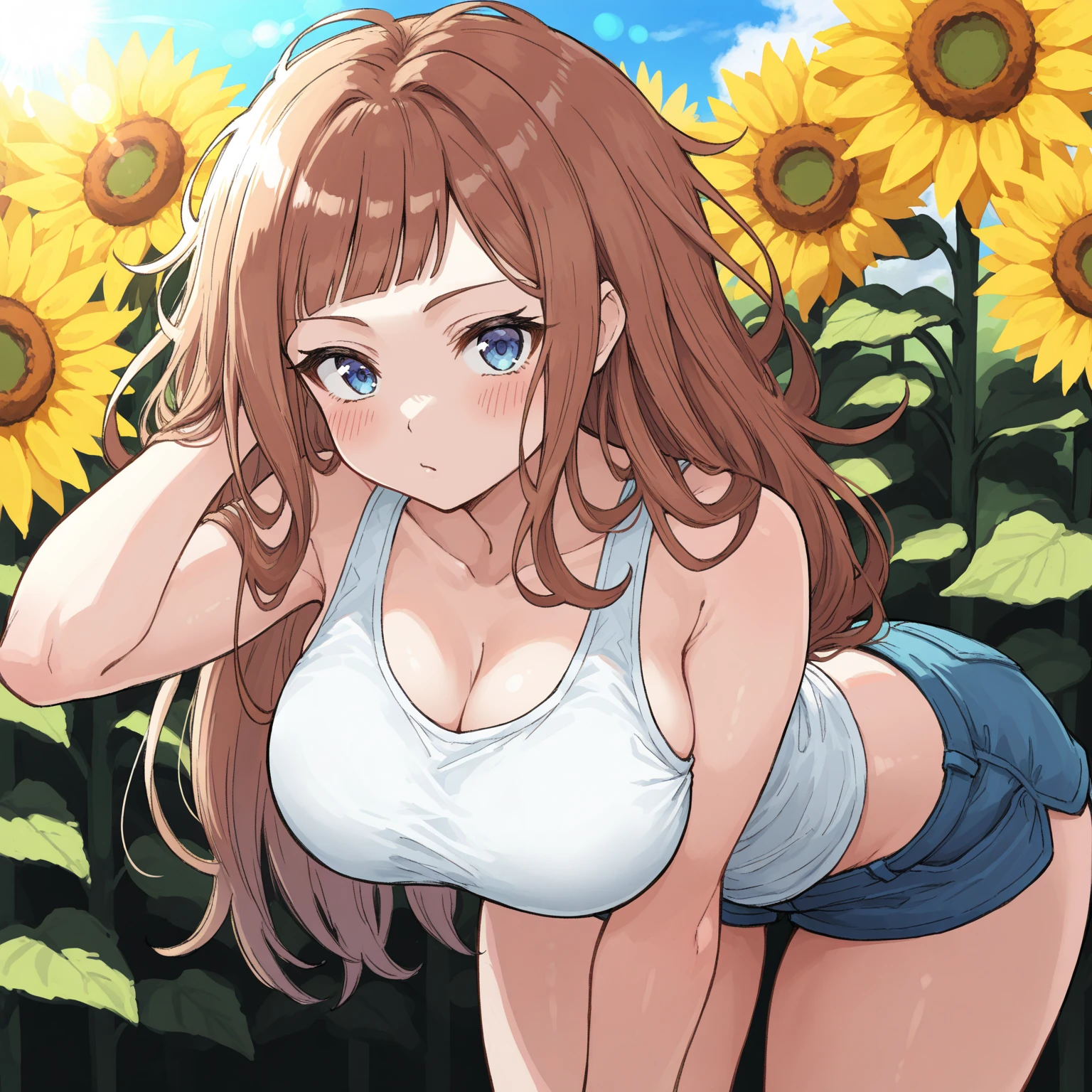 1 girl, (((raised high huge round buttocks))), Wide A sunflower field in full bloom,Back view of a woman in Translucent white thong (underwear),long shot,wide view, commercial photography,award-winning photograph,(photorealistic),unity 8k wallpaper,(ultra detailed:1.3),(light_on_face:1.4),CanonEOS 5D MarkIV DSLR