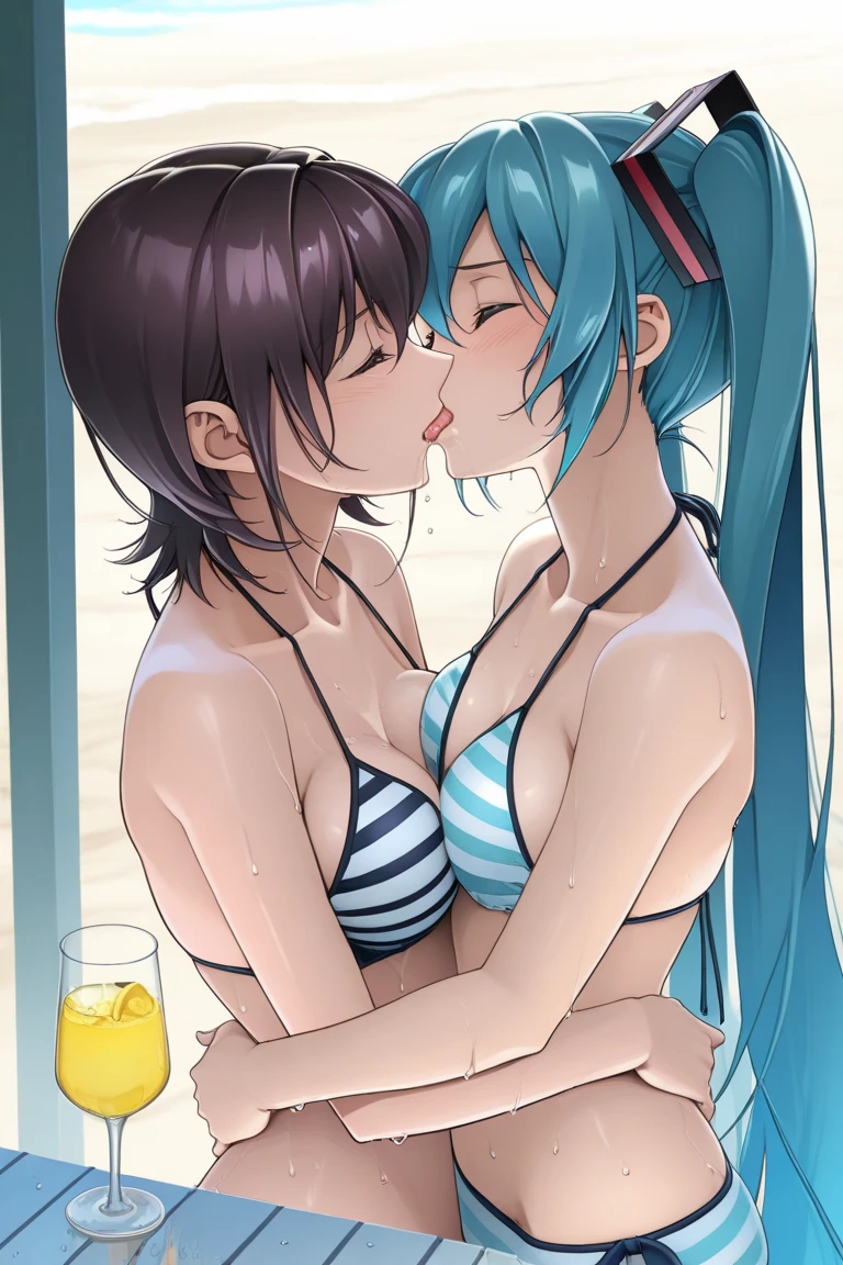 Duo, score_9,score_8_up,score_7_up, source_cartoon, source_anime, 2 woman, a tall thick darkskin woman with black hair in a ponytail and green eyes wearing a red bikini, and a tall thick lightskin woman with long dark blue hair and brown eyes wearing a blue one piece swimsuit, barefoot, one woman laying on top of the other woman, top woman grabbing bottom woman's breast, bottom woman grabbing top woman's ass, kissing, eyes closed