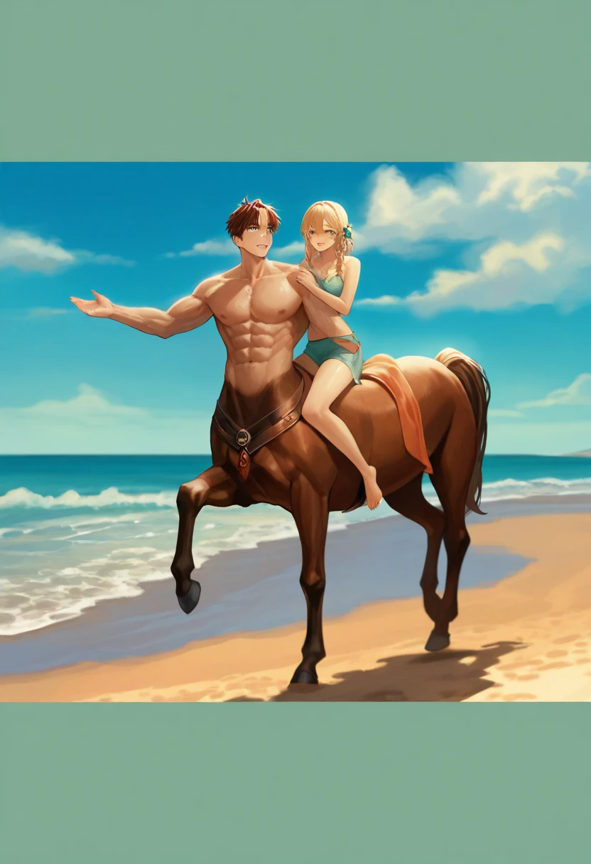 NSFW (nude) (Nami ((human)) large breasts, strip of pubic hair) vaginal penetration, fucking male centaur with horse penis, full body, on a deserted beach