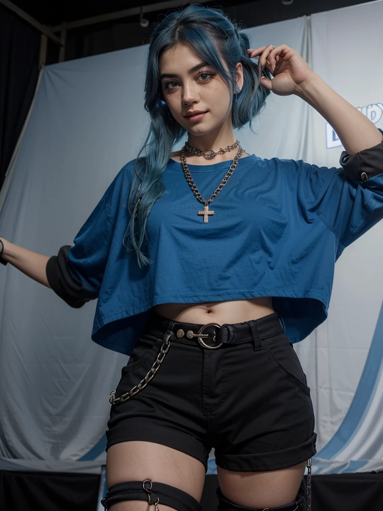 Premium Quality, Masterpiece, Ultra High Definition, (Photorealism: 1.4), RAW Photo, (Full Body Shot), Lovely Smiling Girl, ((Playing Electric Guitar on Live Stage)), (Woman Holds a Guitar electric), (dynamic pose), long hair, ((Full blue hair)), (twin tails), bangs, Cross pendant necklace, Earrings, (Elegant Rocker, Blue Lace Ruffles): 1.5, , Colorful lighting in alive, Focuses, (the woman is wearing an oversized blue t-shirt), (the woman is wearing black cargo pants), (the woman is wearing combat boots), (the woman is wearing chains)