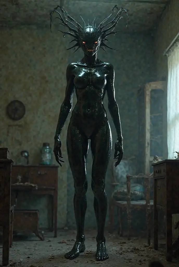 (Realistic:1.5) Full Body Shot, Sharp teeth、bald、One Girl、Day、1st person、Glowing Eyes、Gray background、Yellow Eyes、Gradient Background  