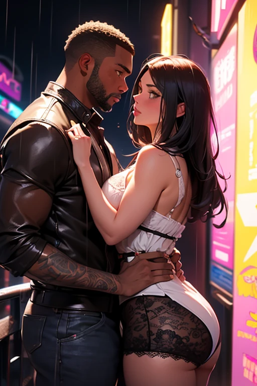 curvy "curly blonde" + "black hair man", skimpy women and a man, (((french kissing))) each other in the cyberpunk lounge, colorful LED lighting, smiling, toned, collar, stockings, cinematic lighting, medium shot, mid-shot, highly detailed, trending on Artstation, Unreal Engine 4k, cinematic wallpaper by Stanley Artgerm Lau, WLOP, Rossdraws, James