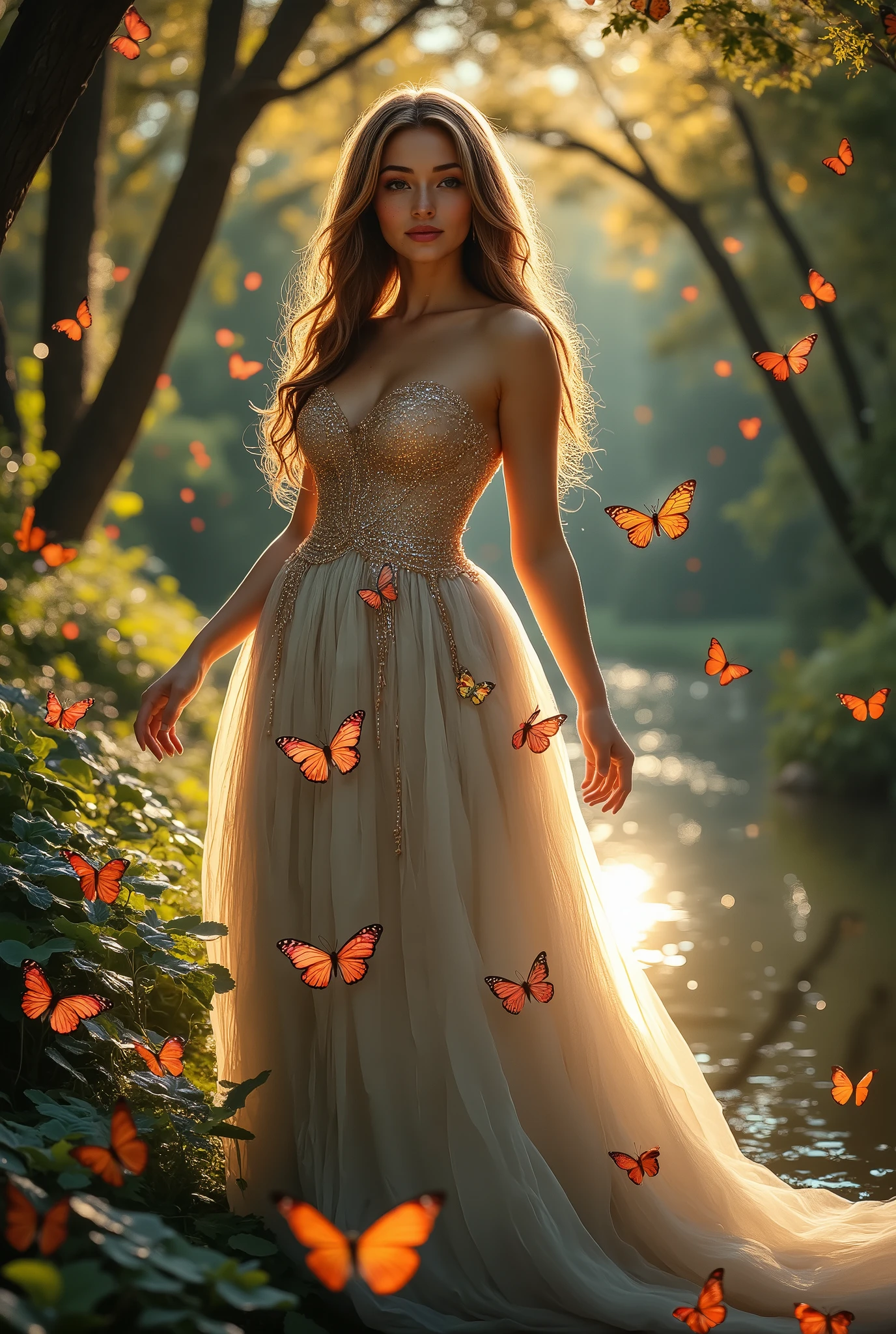 fantasy style, masterpiece, better quality, high quality, intricate details, clearly, a beautiful picture where the girl is just gorgeous, is depicted in a fantastic dress, she is standing near a tree, and her body looks great in a gorgeous fur dress, Butterflies, beautiful lighting, clearly,