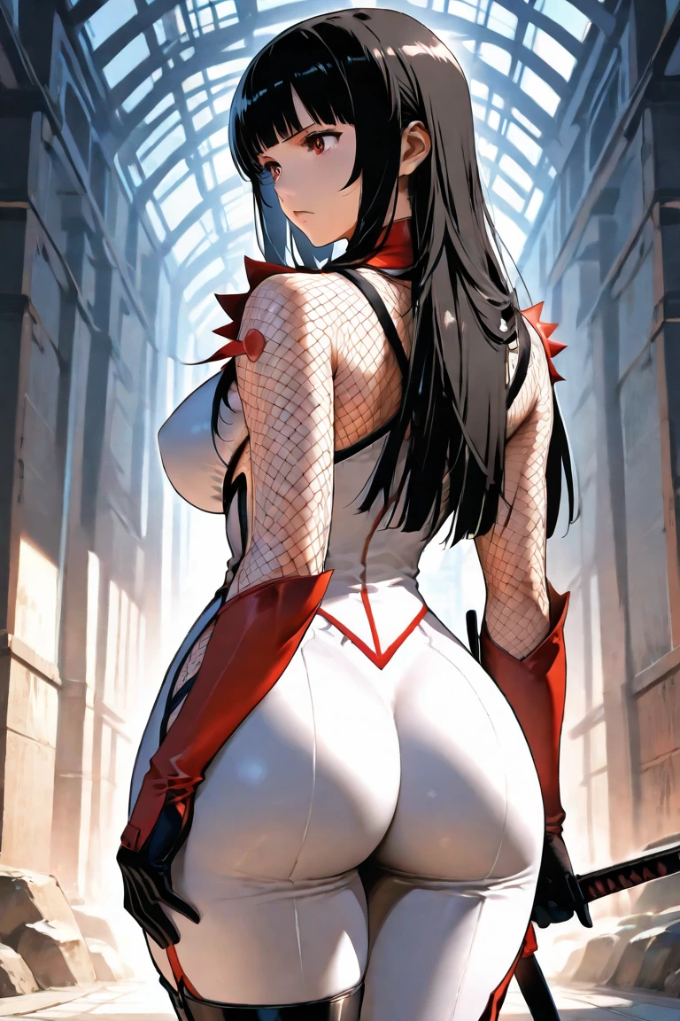 masterpiece, best quality, ultra-detailed, nsfw, 1girl, solo, nozomi kaminashi, sweat, looking at viewer, looking from behind, light smile, antenna hair, long hair, low ponytail, hair ribbon, white ribbon, bodysuit, navel cutout, ahoge, purple eyes, ass, ass focus, bending over, blush, clothed, cum on ass, cum on body cum on lower body cum on upper body, from behind from behind position, high resolution, leaning forward, legs, looking back, semen, thick ass, thighs, tight clothing, tight fit , girl pinned against wall, against wall, hand pushing against wall, outdoors, at night, night sky