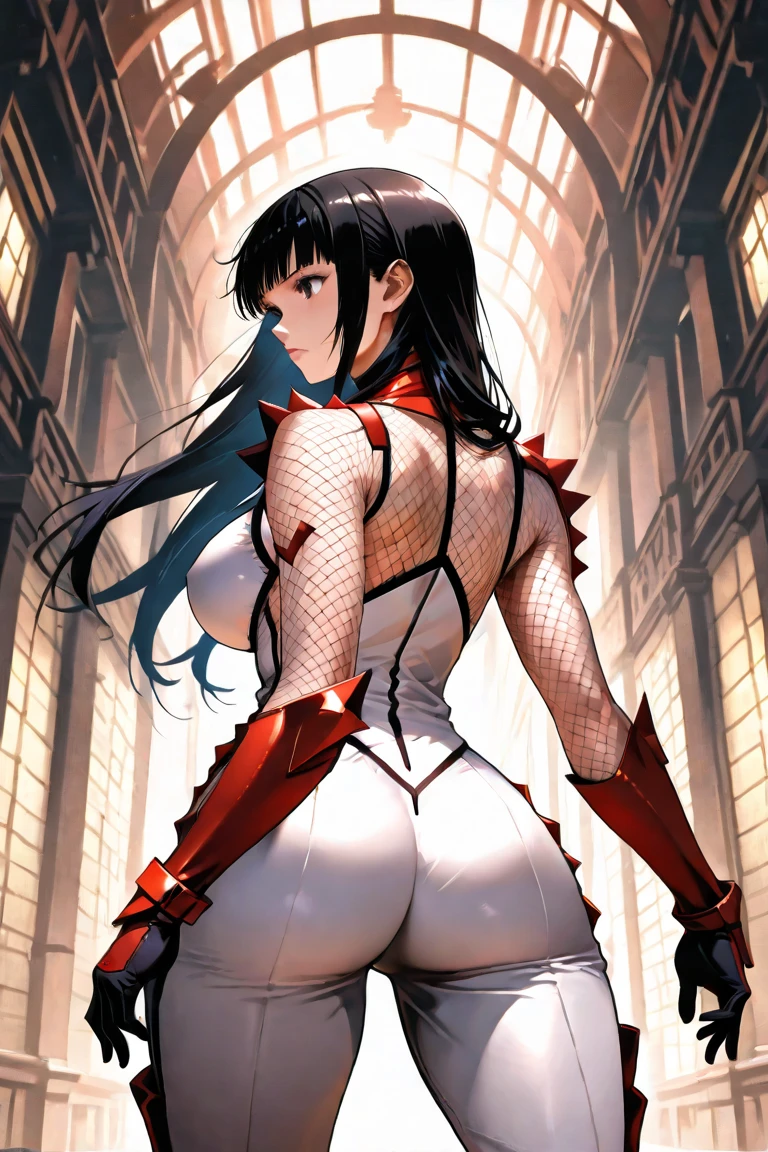 Saeko Busujima, RAW, Obra maestra, Foto ultra fina, La mejor calidad, ultra-high-resolution, Fotorrealista, Luz solar, Retrato de cuerpo completo, unbelievably beautiful, dynamic poses, Ojos vibrantes, (Vista lateral), lleva un mech futurista de Iron Man, esquema de color rojo y dorado, Highly detailed abandoned warehouse background, cara detallada, fondo ocupado detallado y complejo, desordenado, hermoso, volumetric mist, 8K UHD, alta calidad, movie grain, Sprawling metropolis in futuristic dystopia, vista desde abajo, translucid