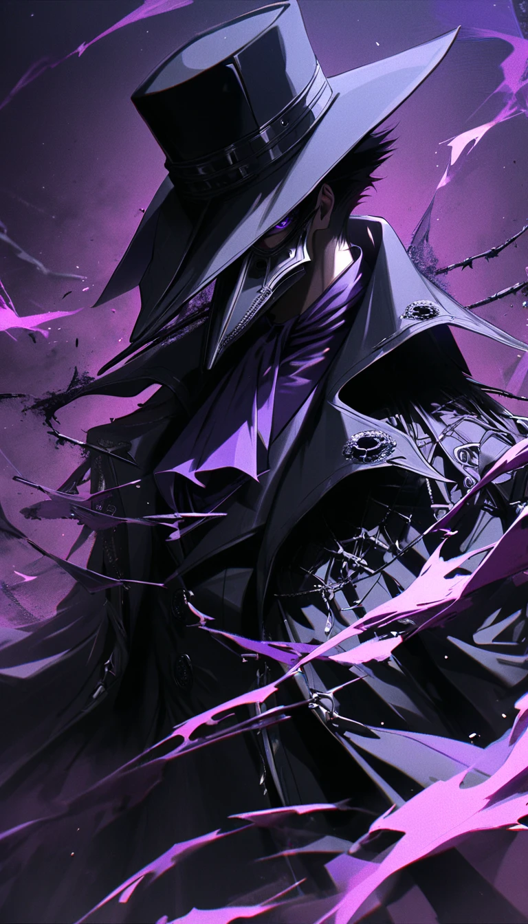 Perfect NwsjMajic,(masterpiece, Highest quality, Highest quality, Official Art, beautiful and aesthetic:1.2), (One girl), Very detailed,colorful,Most detailed, Official Art, unity 8k wallpaper, Super detailed, beautiful and aesthetic, beautiful, masterpiece, Highest quality, Purple Hair、Black coat、Purple, light blue and white eyes、Determined eyes、Grey World