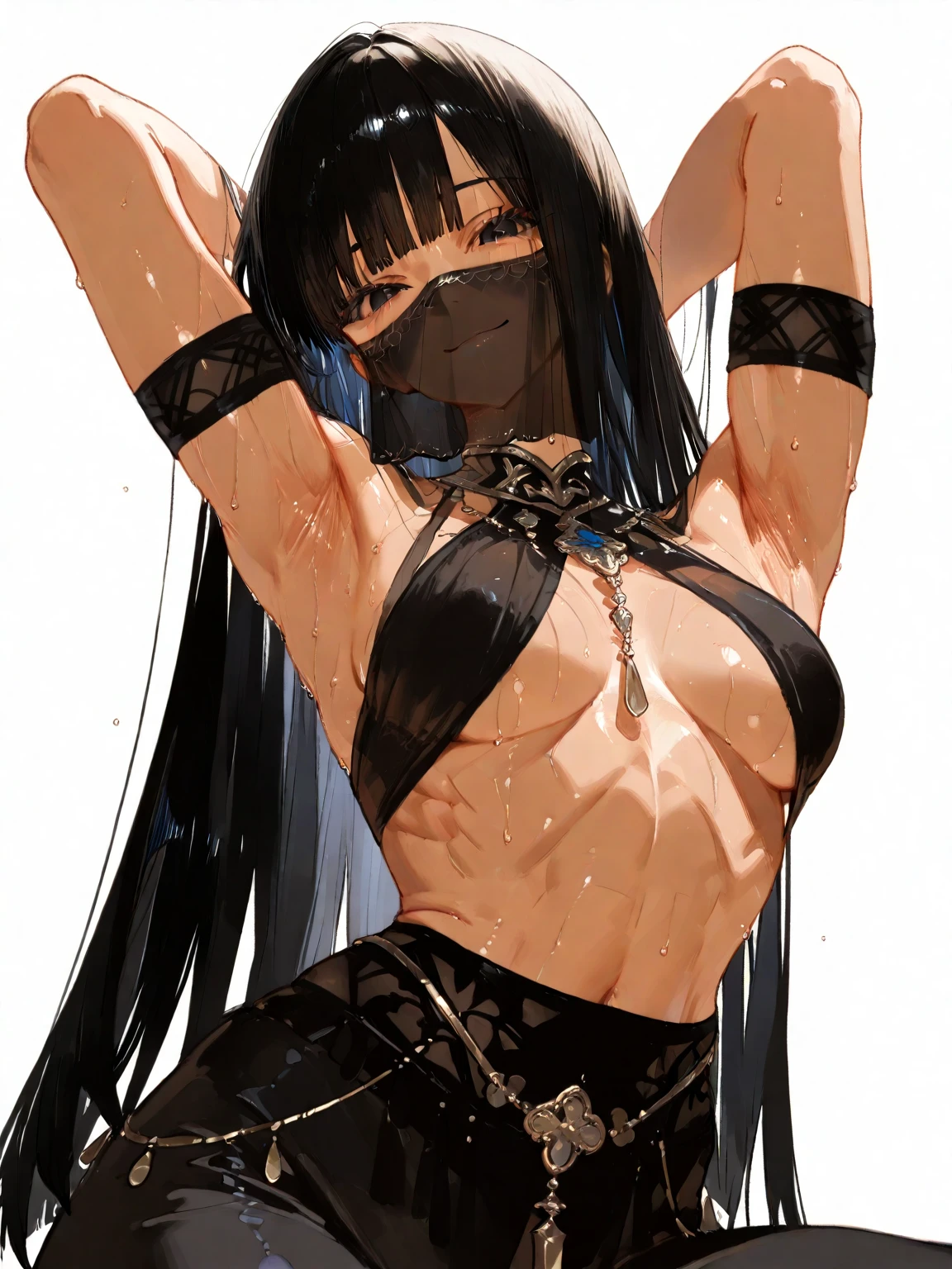 masterpiece,extremely detailed,1girl,solo,(saori \(blue archive\):1.15),(mouth mask),(sprawled on bed:1.1),detailed sparkling eyes looking at camera,bedazzling eyes watching you,sexy stretch,detailed close up on abdomen,(visible hip bones),bare stomach gleaming with sweat,(zoom in on navel),exposed hips,(long midriff:1.2),extremely detailed midriff,sexy tummy,bare stomach,hands overhead,arms raised all the way up,exposed hip bones,beautiful blue eyes watching you in disappointment,(black pants pulled down below waist:1.2),black crop top,armpit,long hair,black hair,black baseball cap,halo,underboob,white background,cinematic glitter,high res,4K,high quality,trending on pixiv