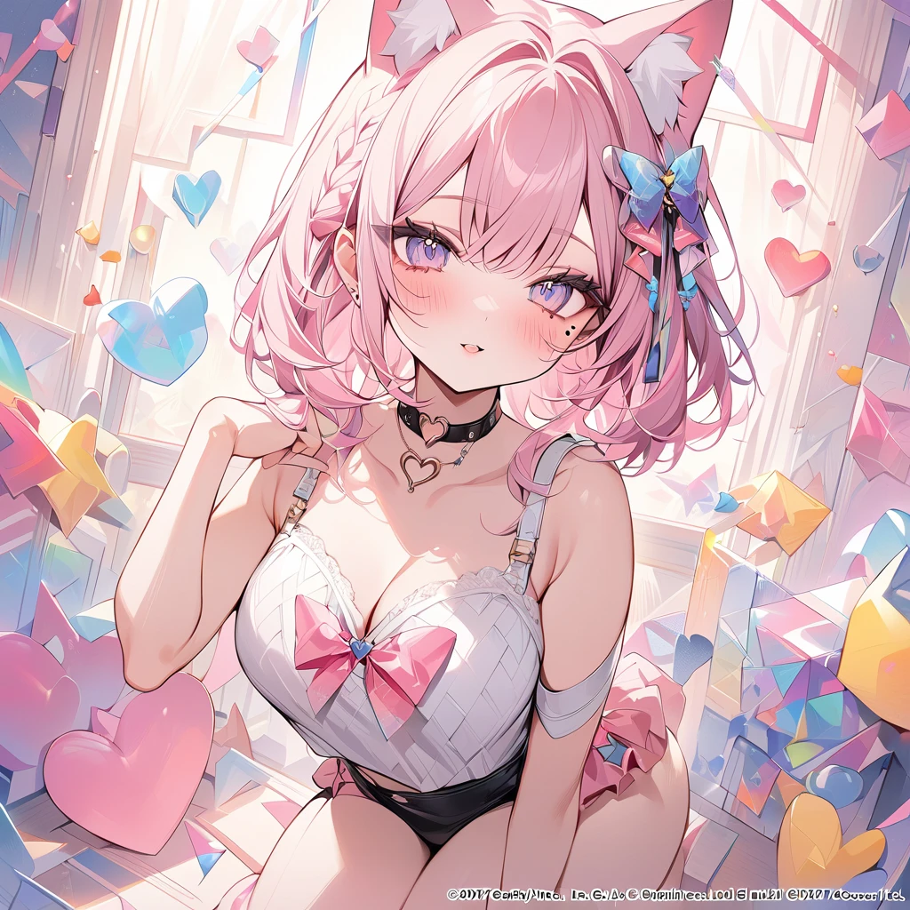 High quality, masterpiece, ultra-detailed, highly detailed outfit, choker, without bra, very tight evening dress, 1girl, solo, peaceful expression, long pink hair, fox ears, enchanting green eyes, ridiculously large breasts, laying on bed, bedroom, many heart-shaped balloons, large amount of balloons