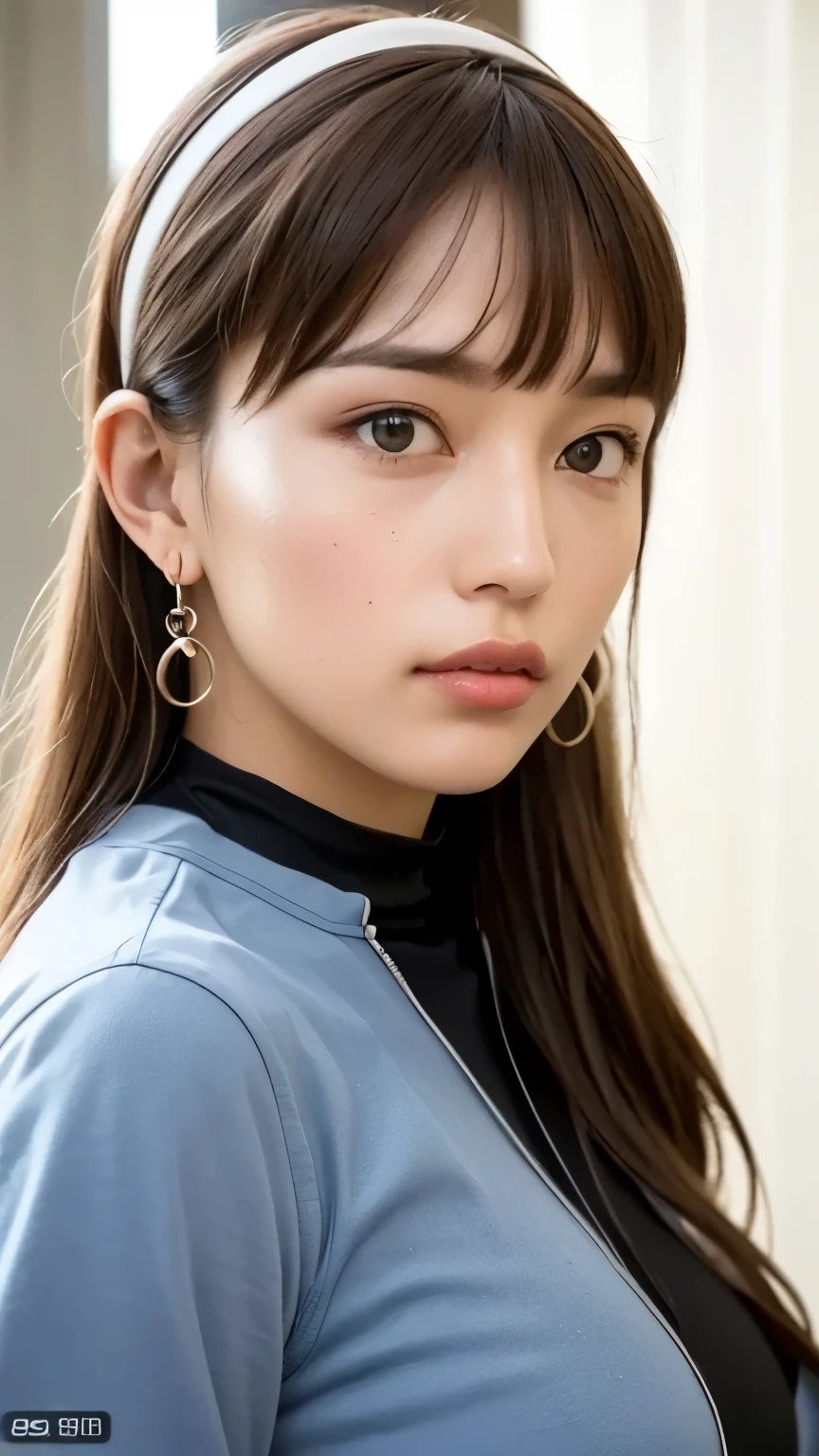 best quality, ultra high res, (photorealistic:1.4), (detailed beautiful girl:1.4), (medium breasts:0.8), looking_at_viewer, Detailed facial details, beautiful detailed eyes,Brown Hair, blue eyes, slender, haunting smile, (makeup:0.3), red lips, highly detailed clothes, (ulzzang-6500-v1.1:0.3)
