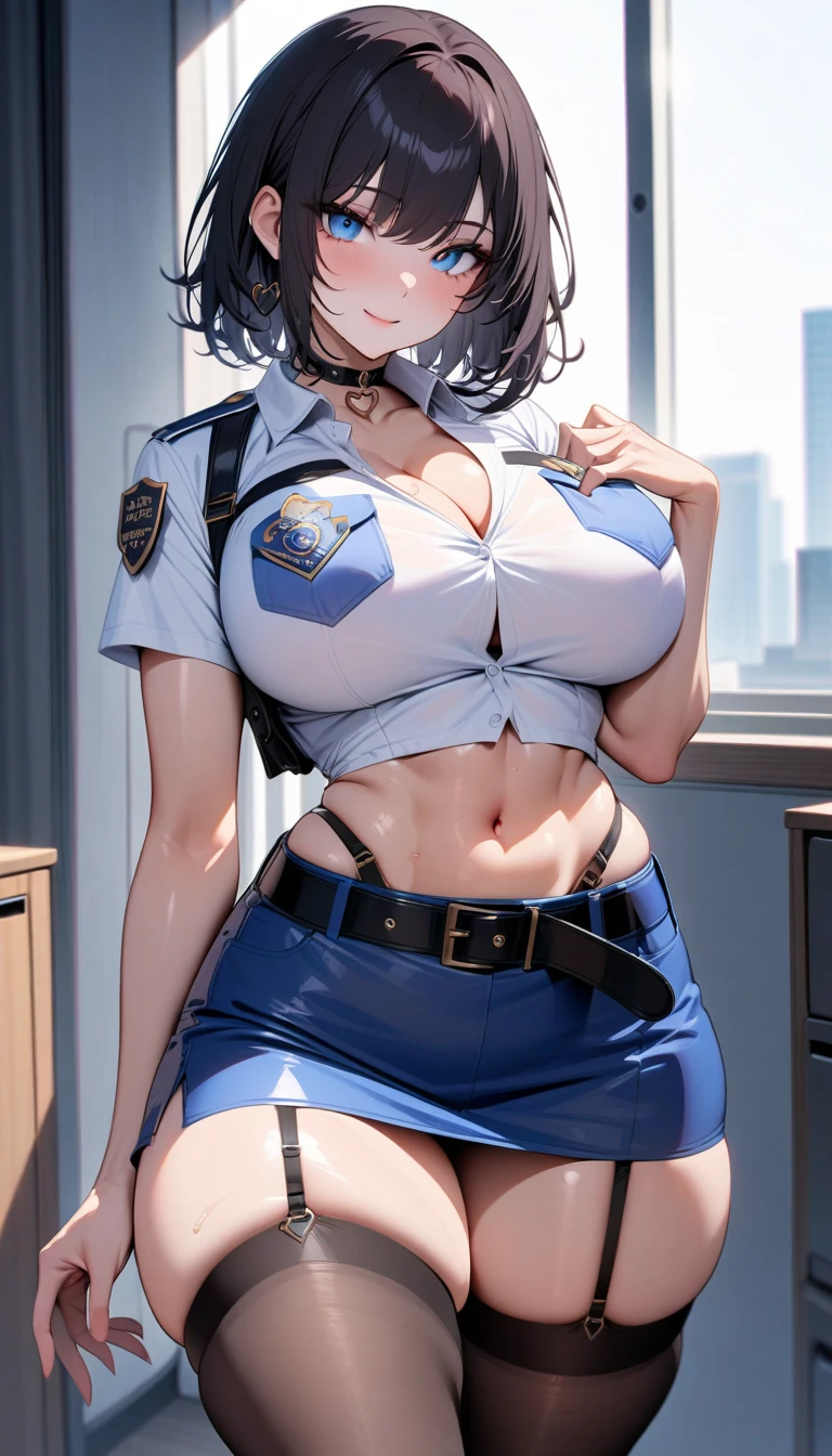 1 beautiful mature slut, alone, gorgeous face, (blush)、((Wearing a police uniform)), grin and laugh、red lips, eye shadow, eyeliner, huge breasts, thighs thighs, ((open crotch))、(Show your side)、such an ass、Pink bob hair, lingerie、good quality, 2D